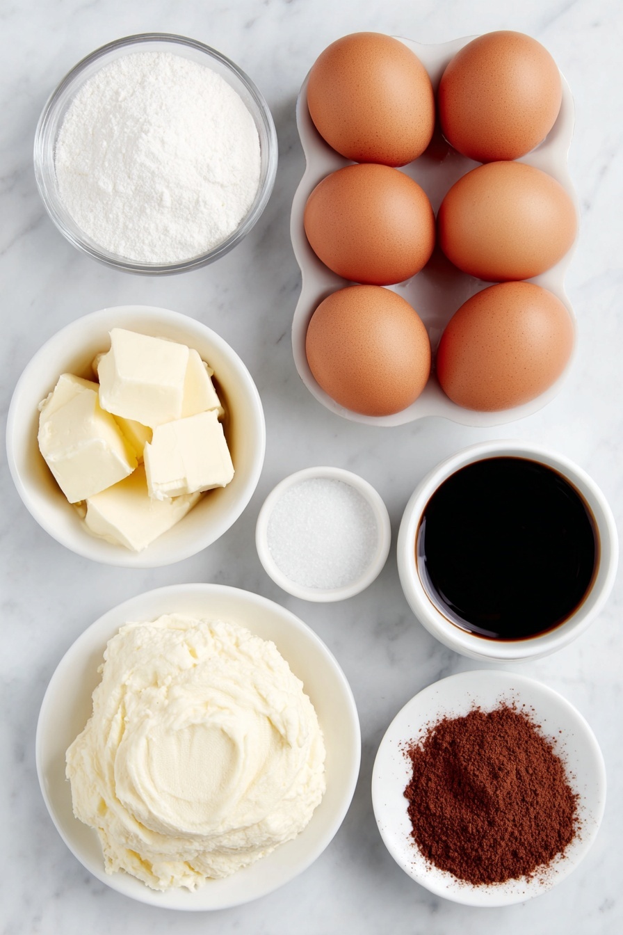 Easy Classic Tiramisu, Tiramisu dessert, homemade tiramisu, Italian tiramisu, no-bake tiramisu - Flat lay of six whole large brown eggs with clean shells, a small white ceramic bowl filled with granulated sugar, a small white ceramic bowl holding a pinch of salt, a mound of cold mascarpone cheese on a simple white ceramic plate, a small white ceramic bowl containing pure vanilla extract, a small white ceramic bowl of thick cold heavy whipping cream, a small white ceramic bowl with cold dark espresso, a small white ceramic bowl with clear amber Kahlua liqueur, and a neat stack of fresh crunchy ladyfingers arranged beside a small white ceramic plate dusted lightly with unsweetened cocoa powder, all placed on a clean white marble surface, soft natural light, photo taken with an iPhone, professional food photography style, fresh ingredients, white ceramic bowls, no bottles, no duplicates, no utensils, no packaging --ar 2:3 --v 7 --p m7354615311229779997