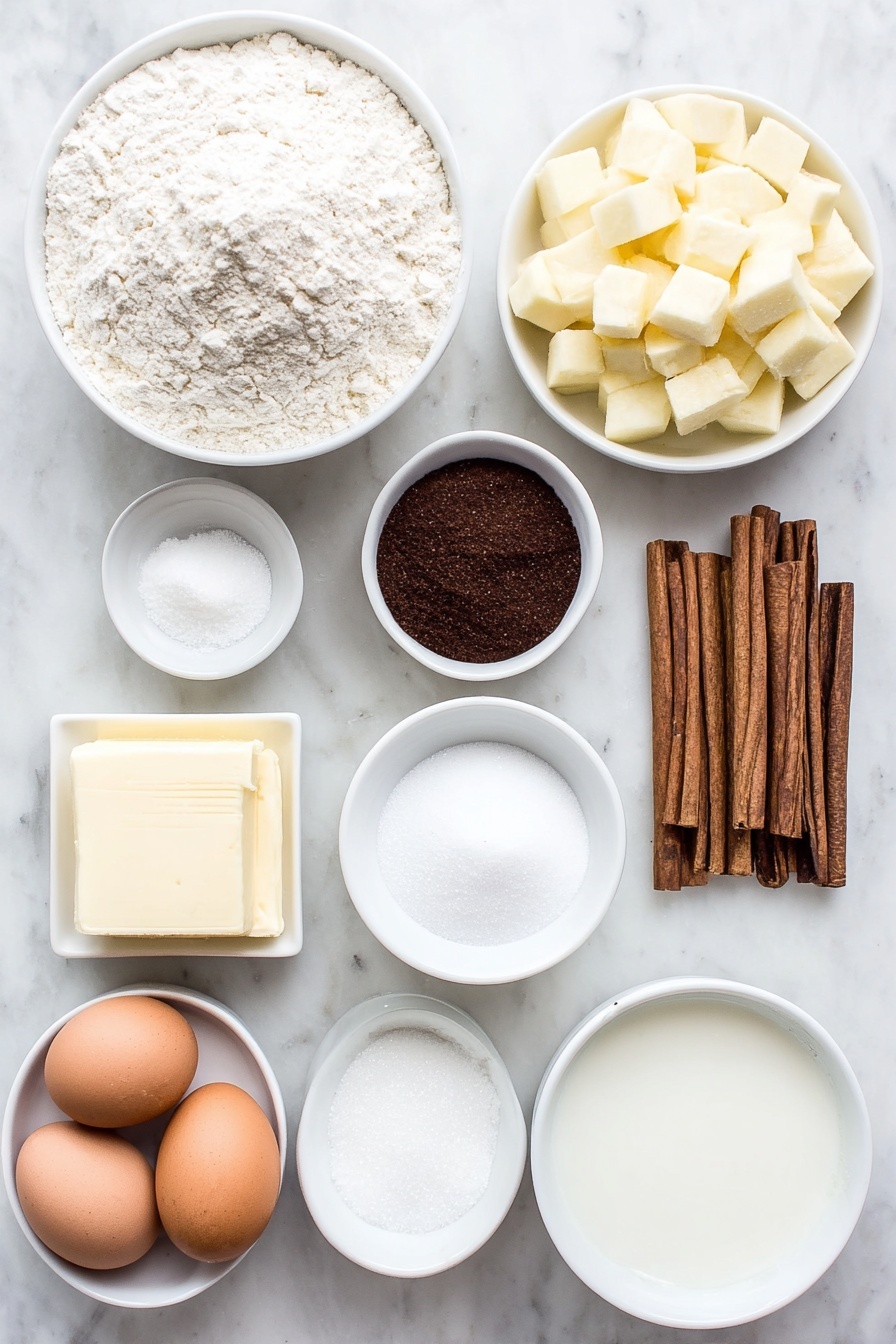 Apple Spice Cake with Caramel Icing, cozy apple cake recipe, autumn apple spice cake, homemade caramel icing, moist apple cake dessert - Flat lay of a small mound of sifted cake flour, a small white ceramic bowl of white sugar, a small white ceramic bowl of dark brown sugar, a neat pile of whole brown cinnamon sticks, a small heap of ground nutmeg, a small pile of salt crystals, a few tablespoons of unsalted butter at room temperature shaped into a smooth square, a small white ceramic bowl of buttermilk, three whole uncracked brown eggs, a few fresh whole apples alongside a small white ceramic bowl filled with diced apples, a small white ceramic bowl of unsweetened applesauce, a small white ceramic bowl of vanilla extract, a small white ceramic bowl of powdered sugar, a small white ceramic bowl of milk, and a small white ceramic bowl with melting butter, all arranged symmetrically and balanced on a clean white marble surface, soft natural light, photo taken with an iPhone, professional food photography style, fresh ingredients, white ceramic bowls, no bottles, no duplicates, no utensils, no packaging --ar 2:3 --v 7 --p m7354615311229779997