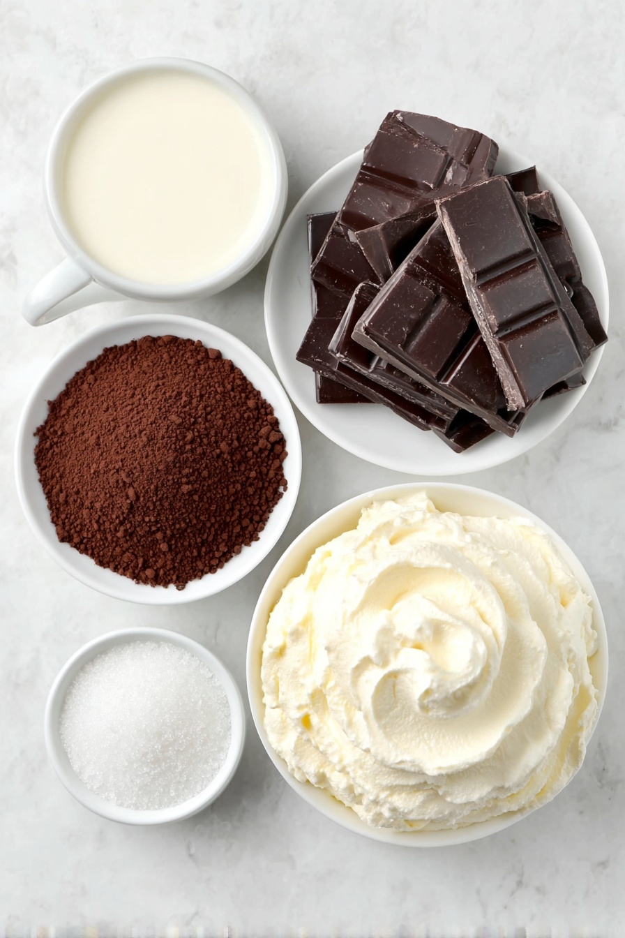 Creamy Homemade Hot Chocolate, best hot chocolate, homemade hot chocolate recipe, rich hot cocoa, comfort drink recipes - Flat lay of a small white ceramic bowl of whole milk, a small white ceramic bowl of granulated sugar, a small white ceramic bowl filled with unsweetened cocoa powder, a small white ceramic plate holding a few chunk pieces of bittersweet chocolate, a small white ceramic bowl containing pure vanilla extract, and a small white ceramic bowl of fresh homemade whipped cream, arranged in perfect symmetry and realistic proportions, placed on a clean white marble surface, soft natural light, photo taken with an iPhone, professional food photography style, fresh ingredients, white ceramic bowls, no bottles, no duplicates, no utensils, no packaging --ar 2:3 --v 7 --p m7354615311229779997