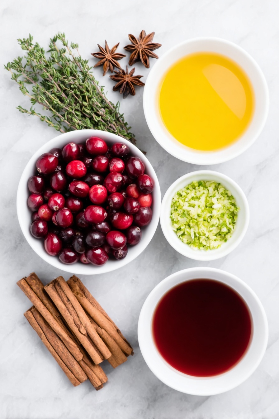 Festive Cranberry Lemonade Punch, holiday non-alcoholic drinks, Christmas punch recipes, tart and sweet holiday beverages, quick festive punch - Flat lay of a small white ceramic bowl filled with deep red fresh cranberries, a few fresh green thyme sprigs neatly arranged beside six whole cinnamon sticks, six dark brown star anise pods, a small white bowl containing bright orange fresh orange juice, a small white bowl with vivid red sweetened cranberry juice, another small white bowl holding golden ginger ale, and a separate small white bowl with finely grated green lime zest, all ingredients fresh and natural, perfectly spaced in symmetrical balance on a clean white marble surface, soft natural light, photo taken with an iPhone, professional food photography style, fresh ingredients, white ceramic bowls, no bottles, no duplicates, no utensils, no packaging --ar 2:3 --v 7 --p m7354615311229779997