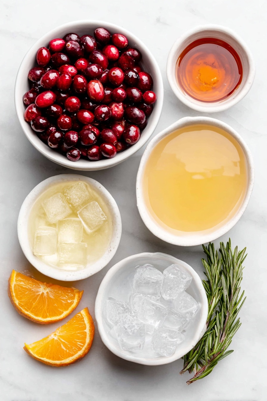 Festive Cranberry Orange Punch, holiday fruit punch, easy holiday drink, cranberry orange cocktail, festive holiday beverage - Flat lay of fresh bright cranberries scattered naturally, a few vivid orange slices with visible juicy texture, a small white ceramic bowl filled with deep red cranberry juice, another small white bowl containing vibrant fresh orange juice, a third small white bowl holding golden sparkling apple cider with bubbles, a fourth small white bowl of light amber ginger ale, a small white bowl with irregular ice cubes, a small white bowl with clear vodka, fresh rosemary sprigs with deep green needles, all arranged symmetrically on a clean white marble surface, soft natural light, photo taken with an iPhone, professional food photography style, fresh ingredients, white ceramic bowls, no bottles, no duplicates, no utensils, no packaging --ar 2:3 --v 7 --p m7354615311229779997