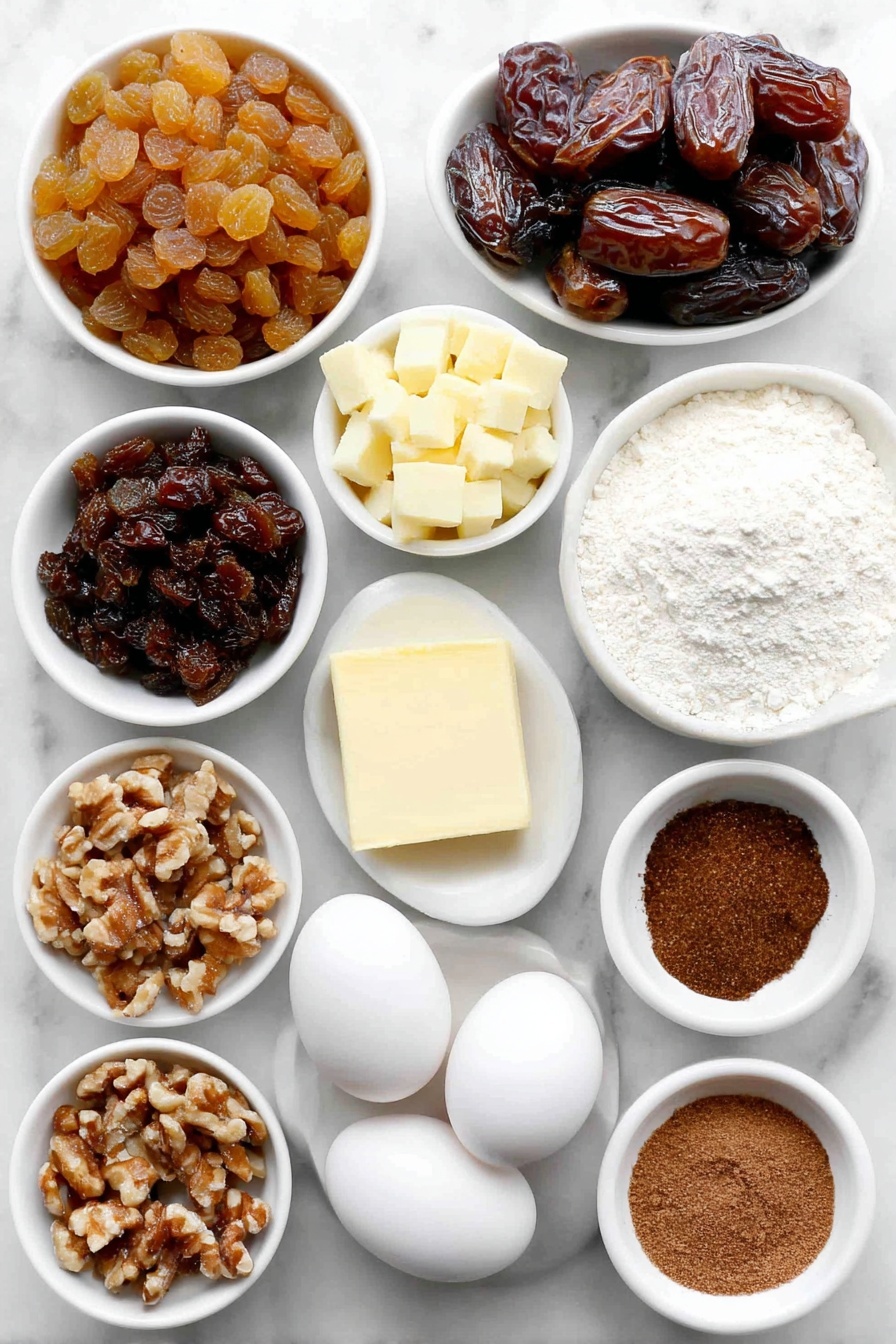 Easy Moist Christmas Fruit Cake, Christmas fruit cake recipe, moist fruit cake, holiday fruit cake, quick festive cake - Flat lay of a small white ceramic bowl filled with plump golden raisins, a few dried apricots chopped into small pieces beside it, a small white bowl holding bright red glace cherries cut into chunks, a neat pile of diced golden-brown dates, another small white bowl with finely diced sweet mixed peel, a block of pale yellow unsalted butter, a small white bowl of dark brown sugar mounded high, a small white bowl containing clear golden vegetable oil, a small white bowl with glossy dark molasses, three large whole uncracked brown eggs, a small white bowl of plain all-purpose flour, a small white bowl of chopped walnuts, and three small white bowls each holding ground cinnamon, nutmeg, and allspice respectively, all arranged with perfect symmetry on a clean white marble surface, soft natural light, photo taken with an iPhone, professional food photography style, fresh ingredients, white ceramic bowls, no bottles, no duplicates, no utensils, no packaging --ar 2:3 --v 7 --p m7354615311229779997