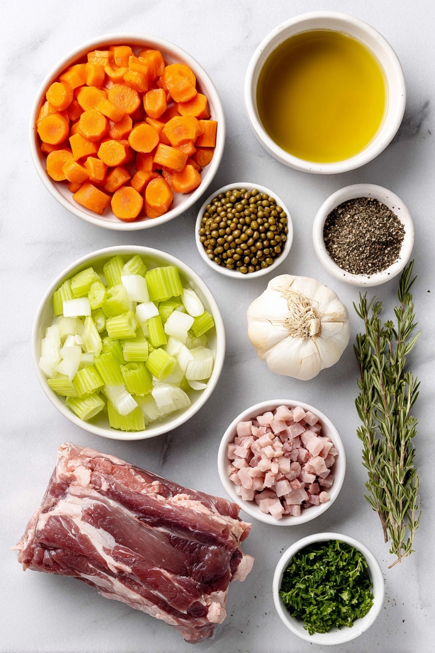 Creamy Split Pea Soup with Ham, hearty split pea soup with ham, easy ham and split pea soup, comforting ham and pea soup recipe, creamy pea ham soup - Flat lay of extra-virgin olive oil in a small white ceramic bowl, one medium peeled and diced onion, three fresh peeled and diced carrots, three crisp celery ribs diced, two whole garlic cloves unpeeled, a small white ceramic bowl of dried green split peas, a few dried thyme sprigs, a small white ceramic bowl of coarse kosher salt, a small white ceramic bowl of freshly ground black pepper, one fresh bay leaf, a meaty ham bone with some ham meat attached, a small white ceramic bowl of low-sodium chicken broth, a small white ceramic bowl of clear water, about one cup of diced fresh ham, and a small pile of finely chopped fresh parsley, all arranged with perfect symmetry on a clean white marble surface, soft natural light, photo taken with an iPhone, professional food photography style, fresh ingredients, white ceramic bowls, no bottles, no duplicates, no utensils, no packaging --ar 2:3 --v 7 --p m7354615311229779997