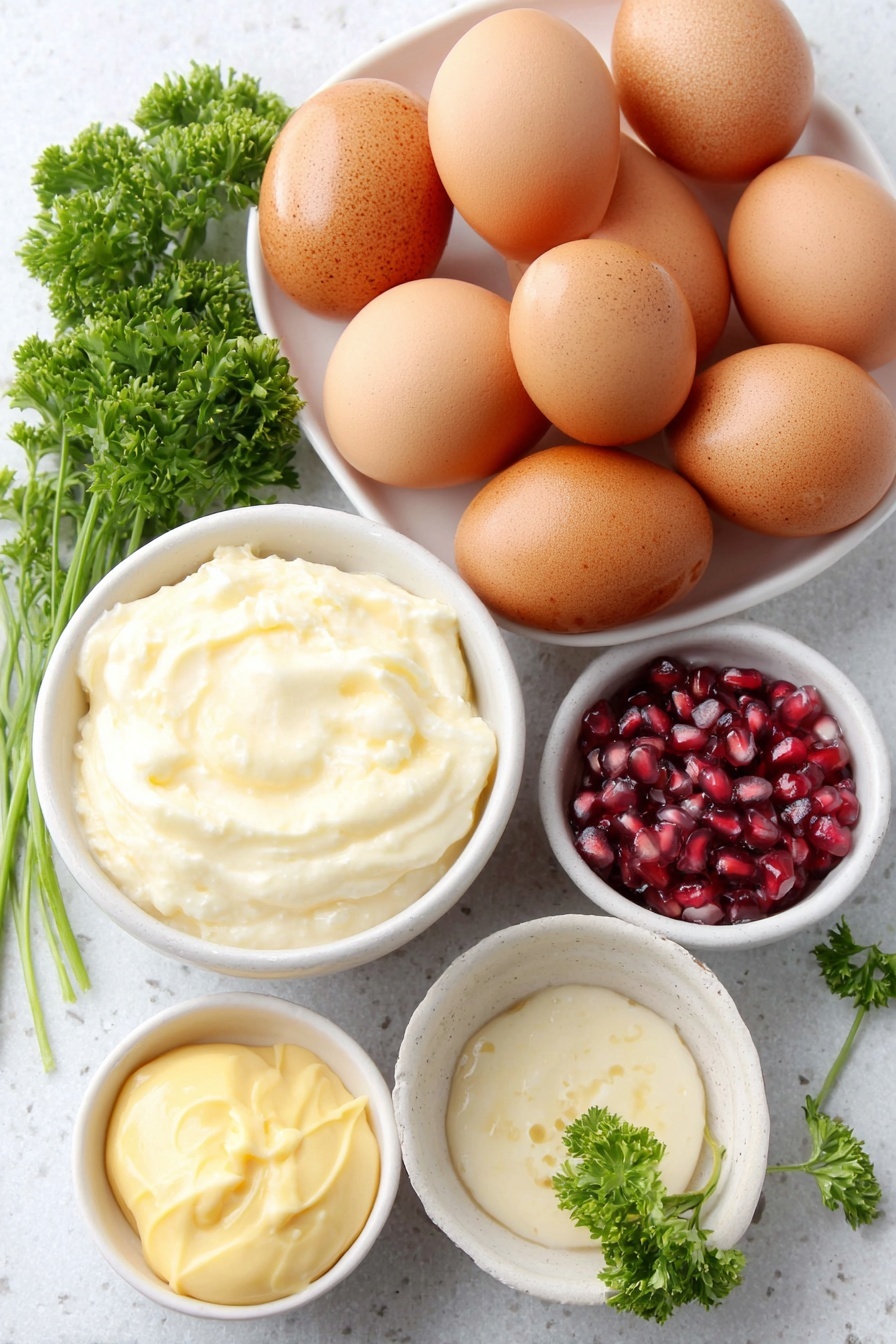 Festive Holiday Deviled Eggs, holiday appetizer ideas, Christmas party finger foods, holiday egg recipes, elegant holiday appetizers - Flat lay of a dozen whole uncracked brown eggs arranged neatly, a small white ceramic bowl filled with creamy olive oil mayonnaise, another small white bowl containing bright yellow mustard, three fresh parsley sprigs with vibrant green leaves, and a small white bowl holding glossy red pomegranate seeds, all placed on a clean white marble surface, soft natural light, photo taken with an iPhone, professional food photography style, fresh ingredients, white ceramic bowls, no bottles, no duplicates, no utensils, no packaging --ar 2:3 --v 7 --p m7354615311229779997