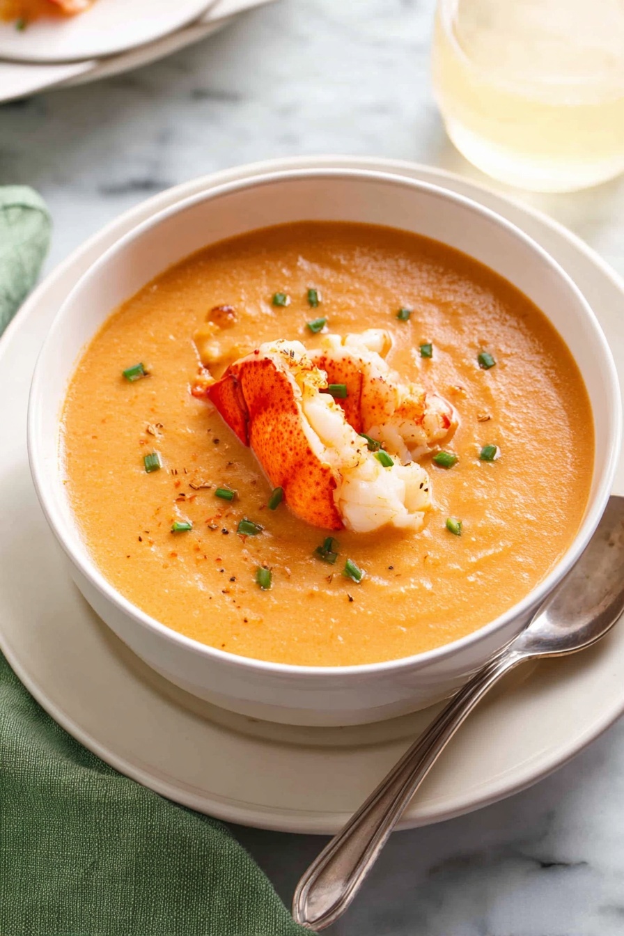 Creamy Lobster Bisque, lobster bisque recipe, homemade lobster bisque, luxurious seafood soup, how to make lobster bisque - A white bowl filled with thick, creamy orange soup, topped with two pieces of cooked lobster claw meat that have a bright orange and white color and slightly shiny texture. The soup is sprinkled with small green chive pieces, and there is a silver spoon resting on the right side of the bowl. The bowl sits on a white plate over a white marbled surface, with a green cloth visible on the left and a pale yellow drink in a glass near the top right. photo taken with an iphone --ar 2:3 --v 7