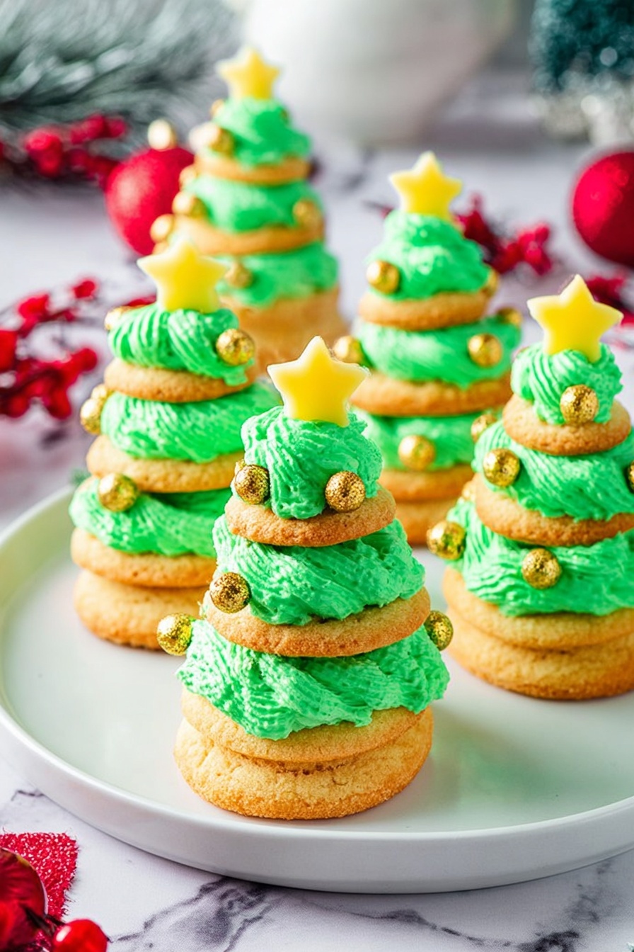 Christmas Tree Cookie Stacks with Buttercream Frosting, festive holiday cookies, layered cookie desserts, Christmas cookie ideas, holiday baking treats - The image shows several small Christmas tree-shaped desserts made by stacking three round golden cookies with bright green frosting layers between each cookie, creating three distinct layers. The frosting is thick, textured, and piped in a way that forms a tree-like shape, with golden edible balls decorating the green frosting layers like ornaments. Each dessert is topped with a small yellow star decoration on the top layer of frosting. The cookies and frosting sit on a white plate placed on a white marbled surface, with some red berries and festive decorations in the background. photo taken with an iphone --ar 2:3 --v 7
