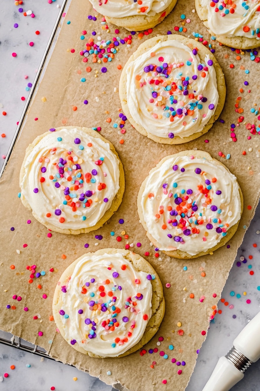 Funfetti Cake Mix Cookies, colorful cake mix cookies with sprinkles, easy funfetti cookie recipe, chewy funfetti dessert, quick festive cookies - Six soft round cookies are shown on a white marbled surface lined with brown parchment paper and a wire cooling rack. Each cookie has one thick, creamy white frosting layer swirled on top, covering nearly the entire cookie. The frosting is dotted with colorful round confetti sprinkles in red, purple, orange, aqua blue, and white, scattered both on the frosting and the paper around the cookies. At the bottom right corner, a white piping bag with a metal tip is partly visible as if it was just used to decorate the cookies. Photo taken with an iphone --ar 2:3 --v 7