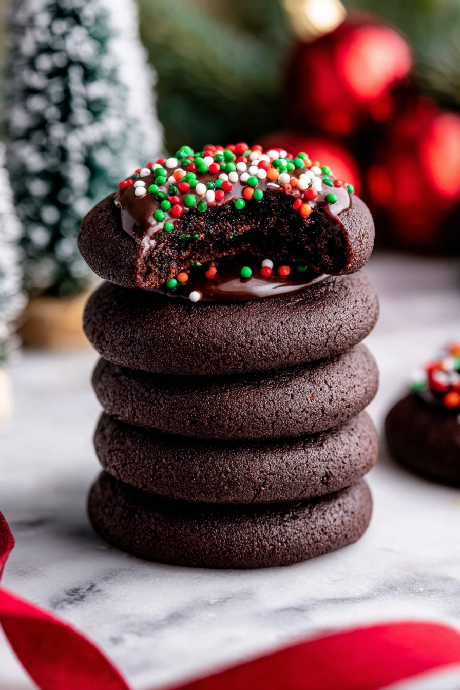 Chocolate Thumbprint Cookies with Ganache, decadent chocolate thumbprint cookies, easy chocolate cookies with ganache, soft cocoa thumbprint cookies, foolproof chocolate cookie recipe - The image shows several round chocolate cookies arranged in a circle on a white marbled surface. Each cookie has a smooth, dark chocolate center that is glossy, decorated with small, round sprinkles in red, green, and white colors. In the middle of the circle, there is a small, white scalloped bowl filled to the top with the same red, green, and white small round sprinkles. The cookies have a slightly rough texture on their outer edges, contrasting with the shiny chocolate centers. photo taken with an iphone --ar 2:3 --v 7