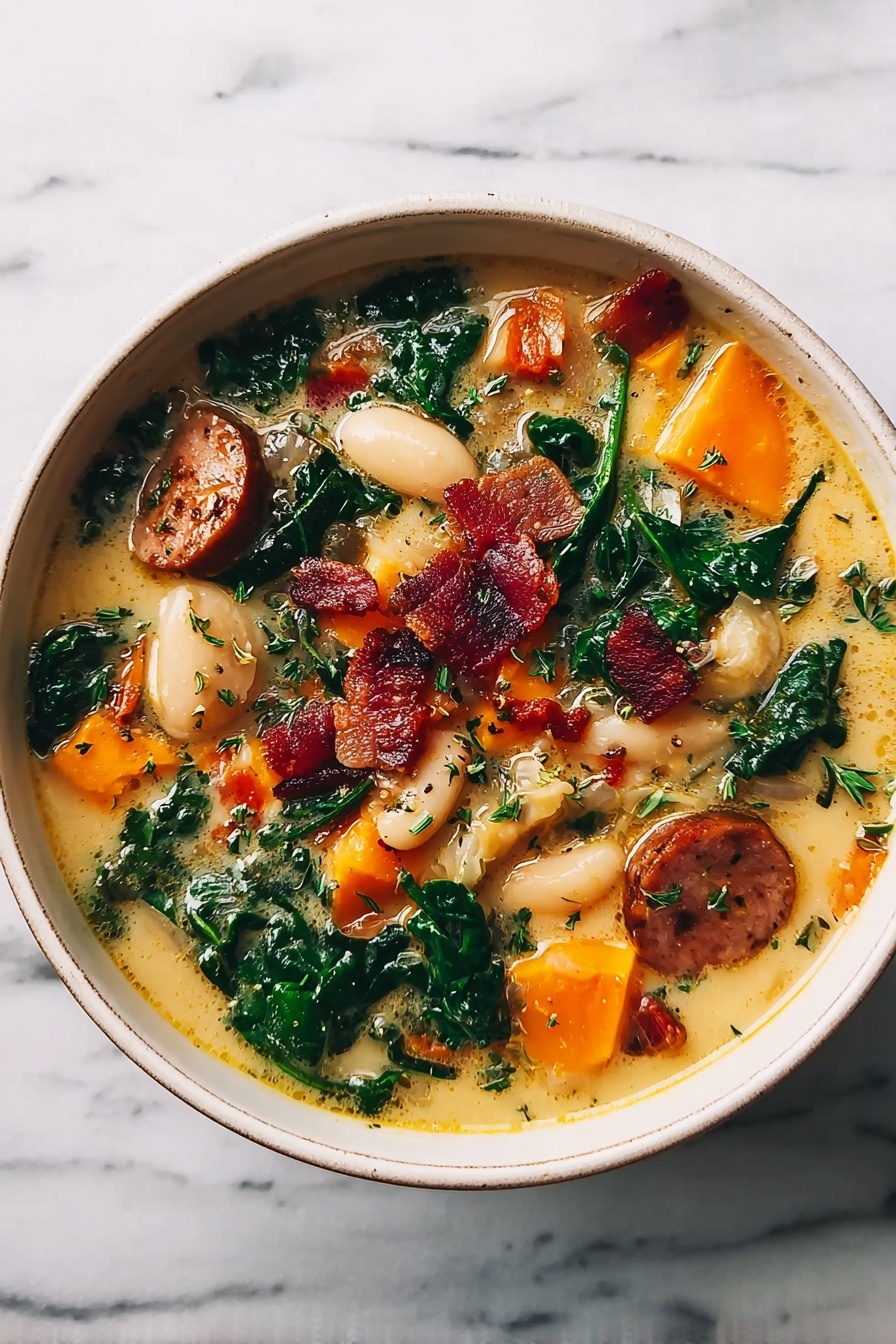 Creamy Butternut Squash and Kale Soup, hearty butternut squash soup, healthy kale soup, comforting squash soup with sausage, vegan kale butternut squash soup - A white bowl filled with creamy soup containing soft orange chunks, large white beans, bright green leafy vegetables, slices of browned sausage, and crispy dark red bacon pieces scattered on top. The soup is light beige in color, with visible green herbs sprinkled throughout. The bowl sits on a white marbled surface. Photo taken with an iphone --ar 2:3 --v 7