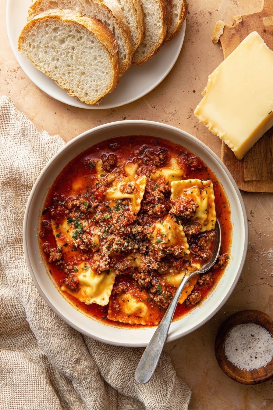 Cheese Ravioli Soup, cheesy ravioli soup, hearty ravioli soup, comforting soup recipes, EASY cheese ravioli soup - A white bowl filled with ravioli in a rich red tomato sauce, topped with browned ground meat and small green herb pieces scattered over the top. The ravioli are pale yellow with crimped edges visible beneath the sauce. A silver spoon rests inside the bowl on the right side. Above and to the right of the bowl is a white plate holding three slices of crusty brown bread with light flour dusting on the edges. The bowl and plate sit on a warm-toned surface, mostly covered by a beige textured cloth on the left side. In the bottom right corner, a wooden cutting board holds a block of pale yellow cheese with a slightly rough texture, next to a small round wooden bowl of coarse salt mixed with pepper. photo taken with an iphone --ar 2:3 --v 7