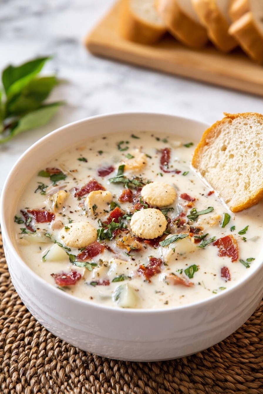 Creamy Clam Chowder, homemade clam chowder, easy clam chowder recipe, hearty seafood soup, comforting clam chowder - A white bowl filled with creamy white soup that has small pieces of red bacon, green herbs, and bits of white potato mixed throughout. On top of the soup, there are several small round oyster crackers scattered and a half piece of light brown bread resting on the edge of the bowl. The bowl sits on a woven brown mat on a white marbled surface. In the background, there is a blurry light brown wooden board with slices of bread. Photo taken with an iphone --ar 2:3 --v 7