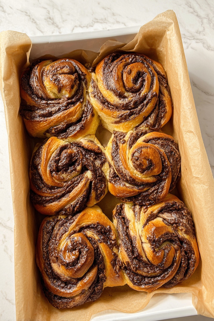 Chocolate Swirled Buns, chocolate buns recipe, fluffy chocolate buns, homemade chocolate buns, chocolate bakery buns - Four twisted buns with swirled layers of golden brown dough and dark chocolate filling are placed on a black wire cooling rack. The buns show a shiny, slightly crisp surface and textured, rich chocolate patterns that run through each twisted layer. The rack sits on a white marbled texture background, and there is soft natural light highlighting the glazes on the buns. Photo taken with an iphone --ar 2:3 --v 7
