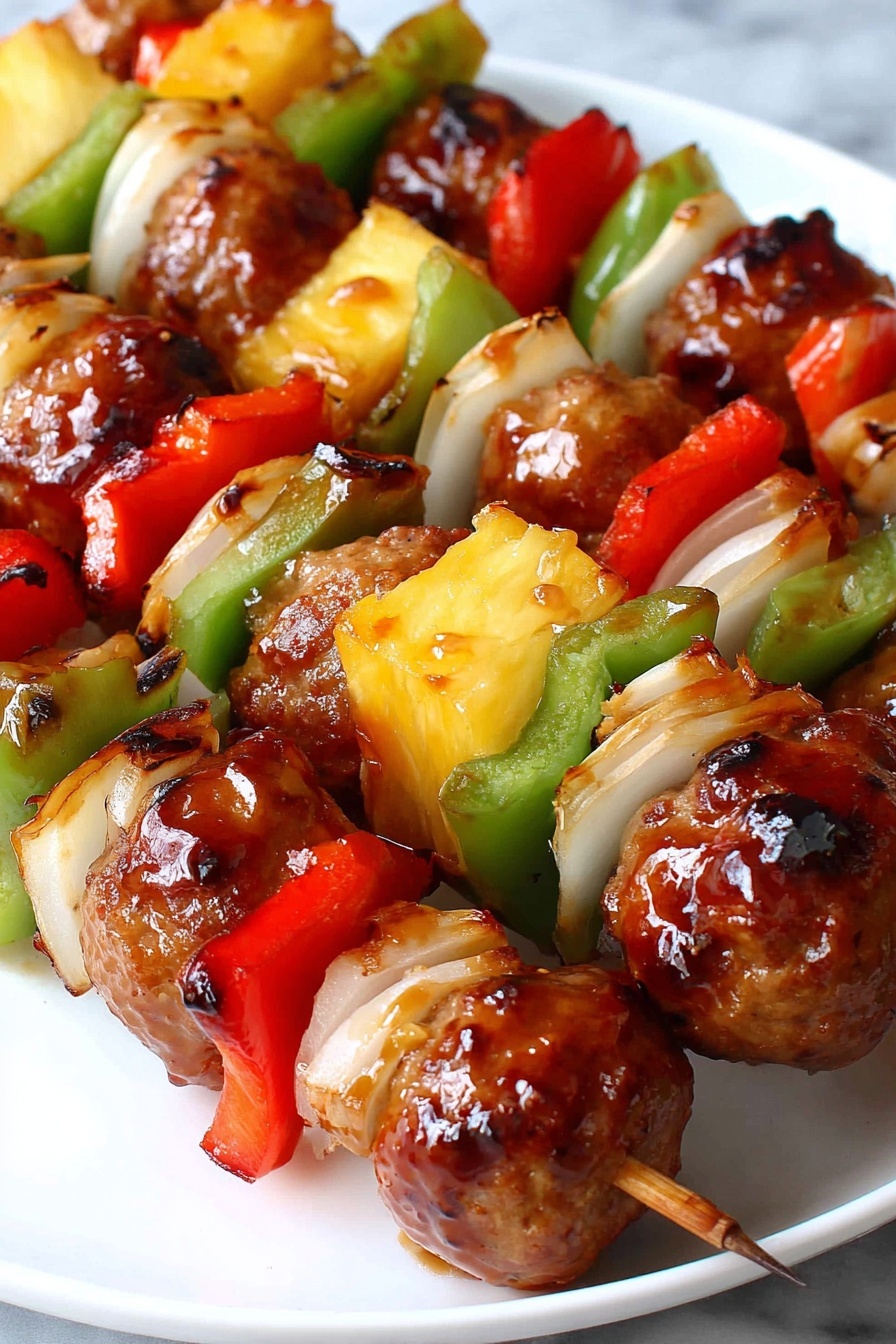 Sweet and Sour Meatball Kabobs, Sweet and Sour Meatballs, Meatball Skewers with Pineapple, Easy Sweet and Sour Kabobs, Summertime Meatball Recipes - The image shows several skewers placed side by side on a black grill. Each skewer has a repeating pattern of shiny brown meatballs, bright yellow pineapple chunks, red bell pepper pieces, green bell pepper pieces, and slices of white onion. The meatballs look juicy and glazed with sauce, giving them a glossy, dark brown color. The pineapple chunks are thick and have a slightly caramelized look. The onions are thin circular slices with a smooth texture, and the red and green bell peppers show a crisp, fresh texture. The skewers are arranged closely, covering the grill surface with colorful, layered ingredients. Smoke rises lightly from the grill, suggesting the food is hot and cooking. The background is a white marbled texture. photo taken with an iphone --ar 2:3 --v 7