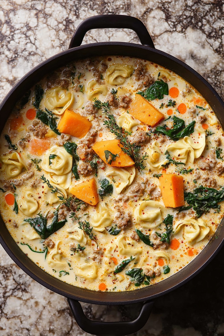 Creamy Sausage Tortellini Soup, hearty sausage tortellini soup, easy comfort food recipes, creamy sausage soup with tortellini, quick weeknight dinner ideas - A black pan filled with a creamy soup that has three main layers: chunks of orange squash, yellow tortellini pasta, and small pieces of cooked ground meat spread evenly throughout. The soup base is light-colored cream with orange oil spots floating on top. Dark green spinach leaves and sprigs of fresh herbs are scattered on the surface. The pan is placed on a textured white marbled surface. photo taken with an iphone --ar 2:3 --v 7