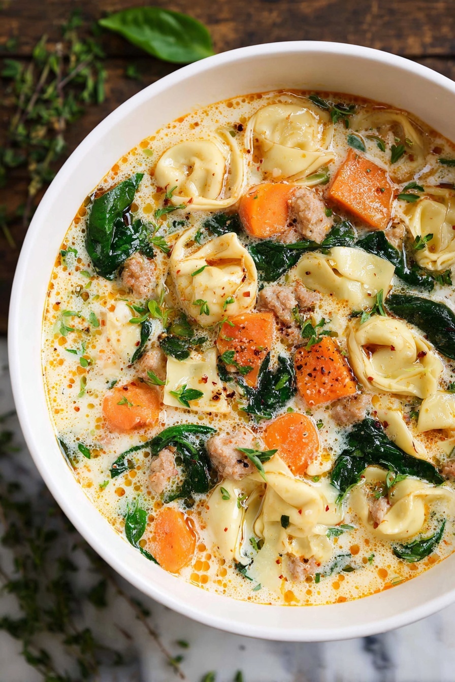 Creamy Sausage Tortellini Soup, hearty sausage tortellini soup, easy comfort food recipes, creamy sausage soup with tortellini, quick weeknight dinner ideas - A white bowl filled with a creamy soup that has three main layers: large orange carrot cubes, green spinach leaves, and pale yellow tortellini pasta pieces floating in a light cream-colored broth with orange oil droplets. Small pieces of light brown cooked sausage are mixed throughout, and tiny green herb leaves are scattered on top. The bowl is placed on a white marbled surface with some green herbs around it. photo taken with an iphone --ar 2:3 --v 7