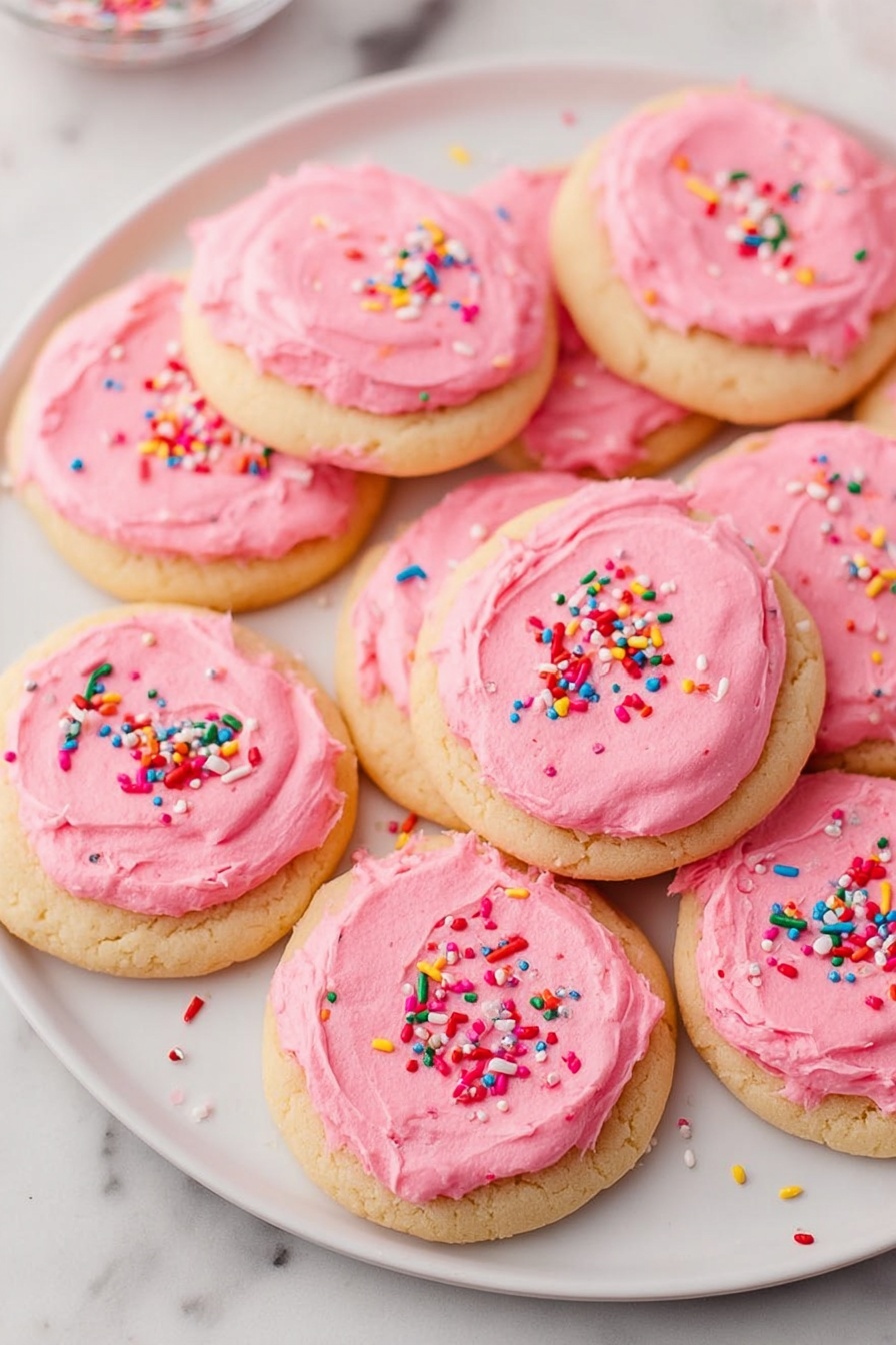 Frosted Sugar Cookies, soft sugar cookies with frosting, easy sugar cookie recipe, homemade frosted sugar cookies, classic cookie recipes - The image shows a white plate holding nine round cookies, each topped with a thick layer of bright pink frosting. The cookies have a light golden-brown color and slightly rough texture. The frosting is creamy with a smooth, slightly uneven spread on each cookie, sprinkled with colorful rainbow sprinkles in reds, whites, blues, yellows, and greens. The plate sits on a white marbled surface with some sprinkles scattered around the edges. Photo taken with an iphone --ar 2:3 --v 7