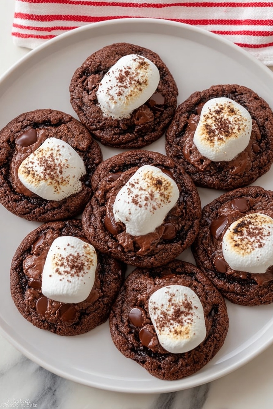 Hot Chocolate Cookies with Marshmallows, cozy winter cookies, chocolate chip marshmallow cookies, easy hot cocoa cookies, marshmallow-topped chocolate cookies - The image shows a white plate filled with seven round chocolate cookies, each topped with a single white toasted marshmallow that has a soft, smooth texture and a slightly browned surface. The cookies are dark brown with visible chunks of melted chocolate scattered across the top, giving a rich and glossy look. The cookies are arranged in a neat group, covering most of the plate. The background is a white marbled surface, and a red and white striped cloth is partially visible in the top left corner. photo taken with an iphone --ar 2:3 --v 7