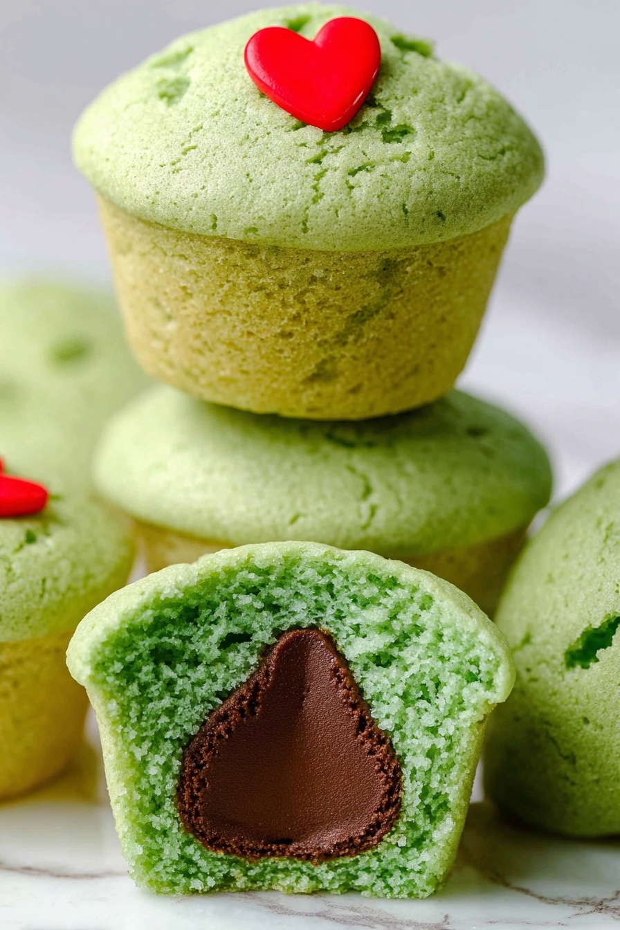 Grinch Cookies with Hershey’s Kisses, festive holiday cookies, green Christmas cookies, easy holiday treat, cute seasonal cookie recipes - The image shows a stack of green muffins with a soft texture, each with a fluffy top layer that has small cracks and a light green color. The top muffin has a small red heart decoration placed near the center of its domed top. The middle muffin is plain, showing the same green color with airy holes. In front, a muffin is cut in half, revealing two layers: the top fluffy green layer and a smooth chocolate layer shaped like a teardrop inside, topped with a small red heart decoration on the surface. The muffins sit on a white marbled surface with soft lighting. Photo taken with an iphone --ar 2:3 --v 7