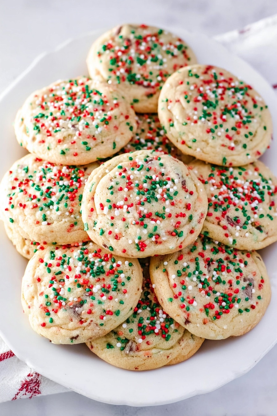 No-Roll Christmas Sprinkle Cookies, easy holiday cookies, festive Christmas cookies, no-bake Christmas treats, colorful sprinkle cookies - A white plate filled with twelve round cookies stacked in a slightly overlapping way. Each cookie is light golden brown with a soft texture and topped with colorful sprinkles in red, green, and white, scattered evenly across the surface. The cookies have visible darker spots where chocolate chips or similar small ingredients are baked inside. The plate sits on a white marbled surface, adding a clean, bright background to the image. Photo taken with an iphone --ar 2:3 --v 7