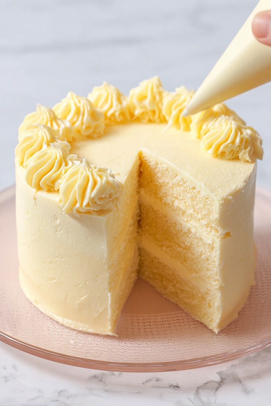 Vanilla Cake with Buttercream Frosting, Vanilla Cake Recipe, Easy Vanilla Cake, Fluffy Vanilla Cake, Homemade Buttercream Frosting - A round cake covered in smooth, light yellow frosting is shown. On top, a woman's hand holds a piping bag, adding eight evenly spaced swirls of the same yellow frosting around the edge of the cake's top surface. The frosting swirls are textured with soft, curving ridges, and the top and sides of the cake have a creamy, matte finish. The cake sits on a clear glass plate, placed on a white marbled surface. photo taken with an iphone --ar 2:3 --v 7