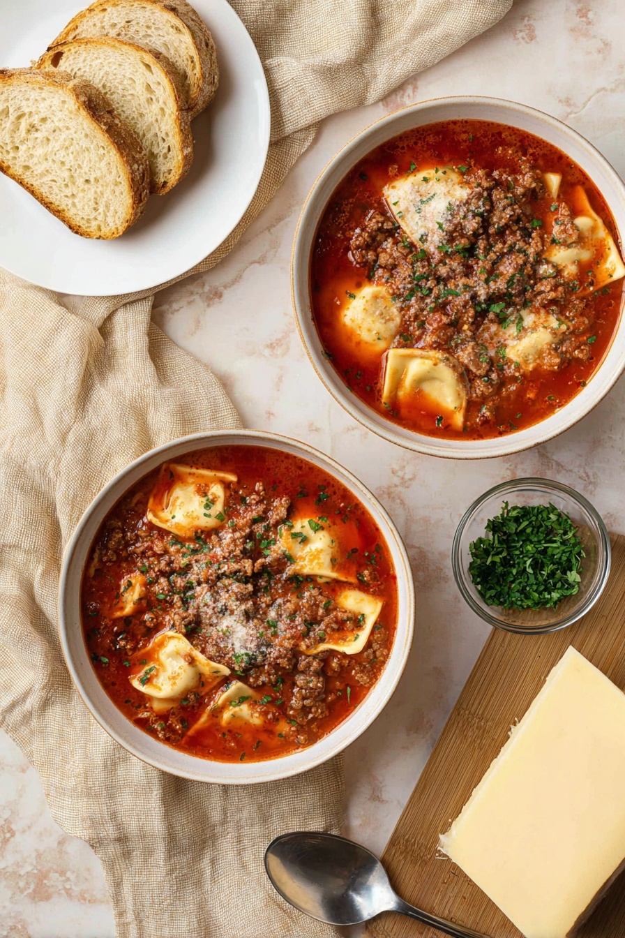 Cheese Ravioli Soup, cheesy ravioli soup, hearty ravioli soup, comforting soup recipes, EASY cheese ravioli soup - The image shows two white bowls filled with ravioli soup, each bowl holding three visible layers: a bright red tomato broth base with a smooth texture, soft triangular ravioli pieces with a light cream color floating near the top, and browned ground meat sprinkled generously over the ravioli with some green parsley on top for color contrast. To the left, there is a white plate with three slices of toasted bread stacked slightly on each other. The scene is set on a white marbled surface with a beige cloth loosely placed behind the bowls. In the lower right corner, a wooden board has a large block of pale yellow cheese next to a silver spoon, while next to it is a small clear bowl filled with chopped green herbs. photo taken with an iphone --ar 2:3 --v 7
