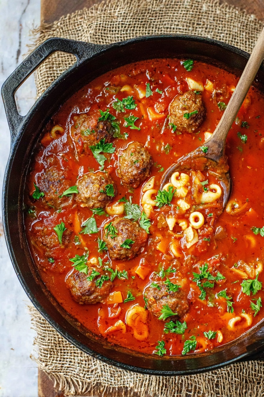 Hearty Meatball Soup with Pasta, hearty meatball soup, comforting pasta soup, easy meatball soup recipe, cozy weeknight dinner - A black cast iron pot filled with thick red tomato soup that has small meatballs scattered on top. The soup shows small diced orange carrot pieces, green herbs, and small bits of pasta shaped like rings floating throughout. Bright green parsley leaves sit on top of some meatballs, and a wooden spoon is digging into the soup from the right side. The pot sits on a piece of rough brown burlap, all on a white marbled surface. Photo taken with an iphone --ar 2:3 --v 7