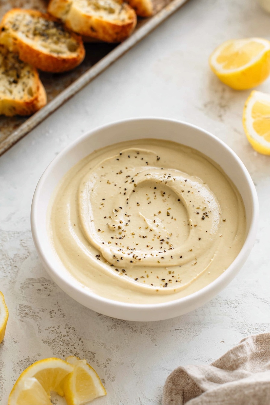 Creamy Artichoke Soup, artichoke soup recipe, easy artichoke soup, healthy creamy soup, cozy soup recipes - A white bowl filled with smooth, creamy light beige soup, with two grilled artichoke halves placed in the center on top, sprinkled lightly with black pepper. A vintage silver spoon with the words