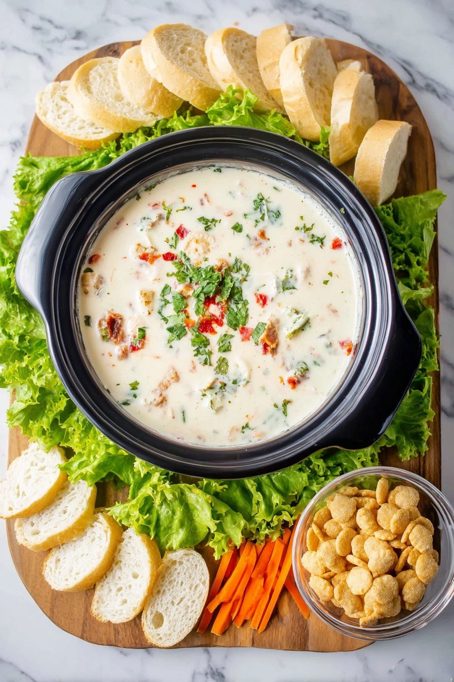 Creamy Clam Chowder, homemade clam chowder, easy clam chowder recipe, hearty seafood soup, comforting clam chowder - A black bowl sits in the center of the image filled with creamy white soup that has green herbs, red pepper bits, and small pieces of meat floating on top. Around the bowl is a white wooden platter lined with fresh green lettuce leaves mixed with shredded orange carrots. On the top and bottom edges of the platter, there are multiple slices of white bread with a soft texture and light brown crust. To the right side of the platter is a small clear glass bowl full of oyster crackers. The whole setup is placed on a white marbled surface. Photo taken with an iphone --ar 2:3 --v 7