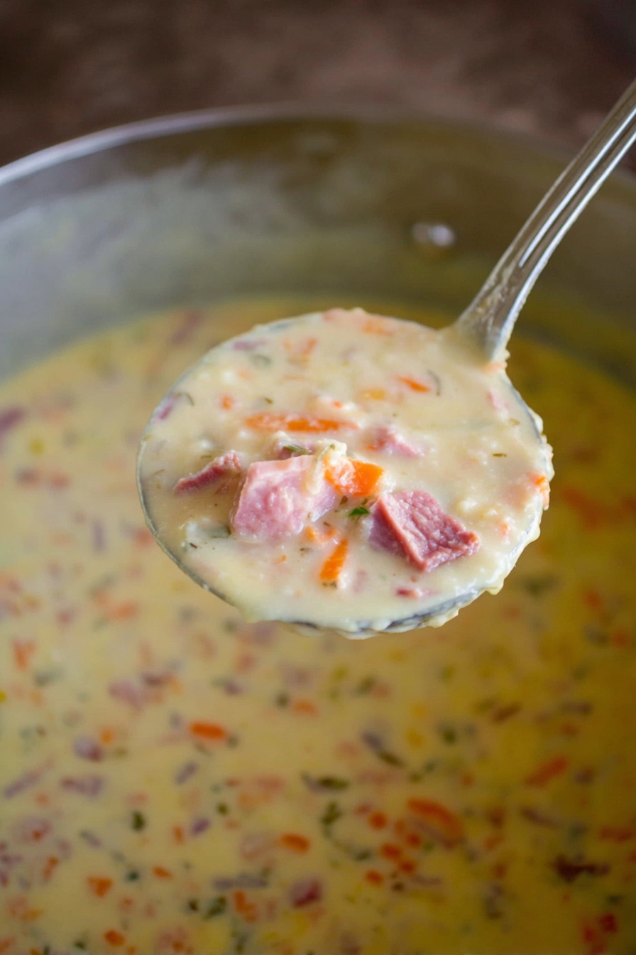 Reuben Soup with Swiss and Sauerkraut, Reuben Soup, easy Reuben soup recipe, comforting Reuben soup, creamy Reuben soup recipe - A close-up view of a large silver ladle filled with thick creamy soup showing pink pieces of meat, small chunks of orange carrot, and some small bits of other vegetables and herbs mixed throughout. The soup in the ladle is pale yellow with a smooth and slightly chunky texture. It is held above a large pot filled with the same creamy soup, which also displays pink meat chunks and orange carrot pieces scattered in the pale yellow base. The background is out of focus with a soft brown hue, emphasizing the thick soup in the ladle. photo taken with an iphone --ar 2:3 --v 7