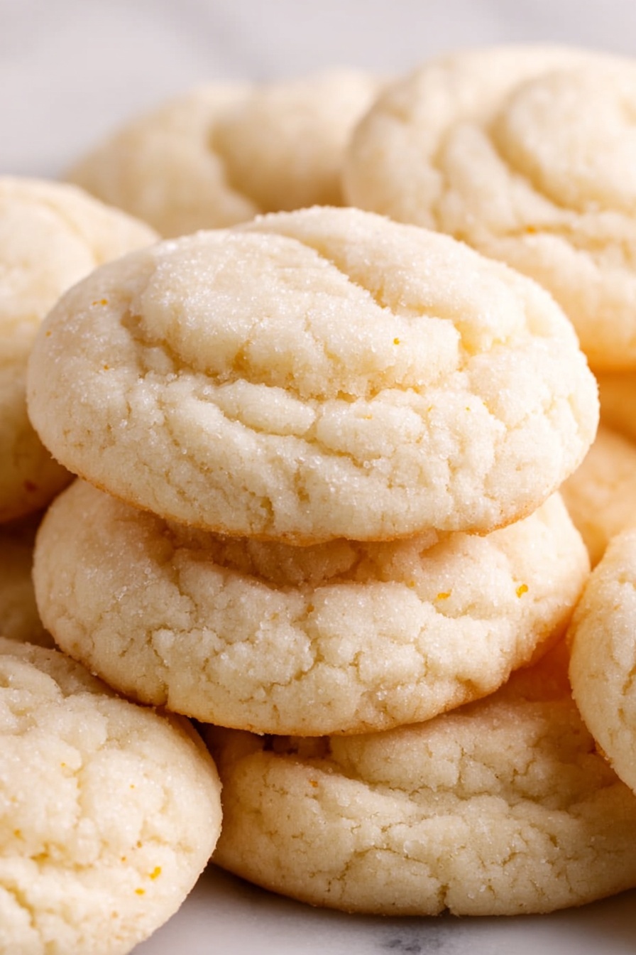 Amish Sugar Cookies, Amish Sugar Cookies Recipe, Buttery sugar cookies, Homemade Amish cookies, Easy sugar cookie recipe - A close-up image shows a stack of soft, round cookies with a light beige color, each cookie having a soft, slightly cracked top texture. The cookies are piled unevenly on each other, showing their light, fluffy thickness and soft edges. The background surface is a white marbled texture that adds a clean contrast to the cookies' pale color. photo taken with an iphone --ar 2:3 --v 7