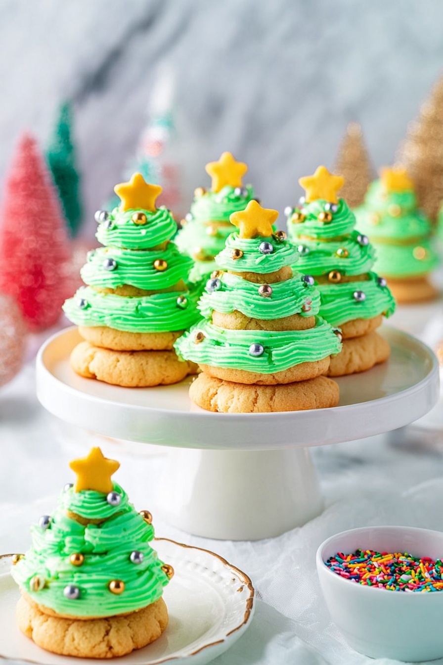 Christmas Tree Cookie Stacks with Buttercream Frosting, festive holiday cookies, layered cookie desserts, Christmas cookie ideas, holiday baking treats - The image shows small Christmas tree-shaped desserts arranged on a white cake stand. Each dessert has three layers of light brown cookie cakes stacked with bright green frosting between each layer, shaped like swirls to give a tree effect. The top layer of frosting is decorated with small round gold and silver sprinkles, and each tree is topped with a small yellow star candy. In the front lower portion of the image, a few more of these desserts sit on a white plate with a gold rim. To the right, there is a small white bowl filled with colorful star-shaped sprinkles. The background is a white marbled surface with blurred festive decorations in the distance. photo taken with an iphone --ar 2:3 --v 7
