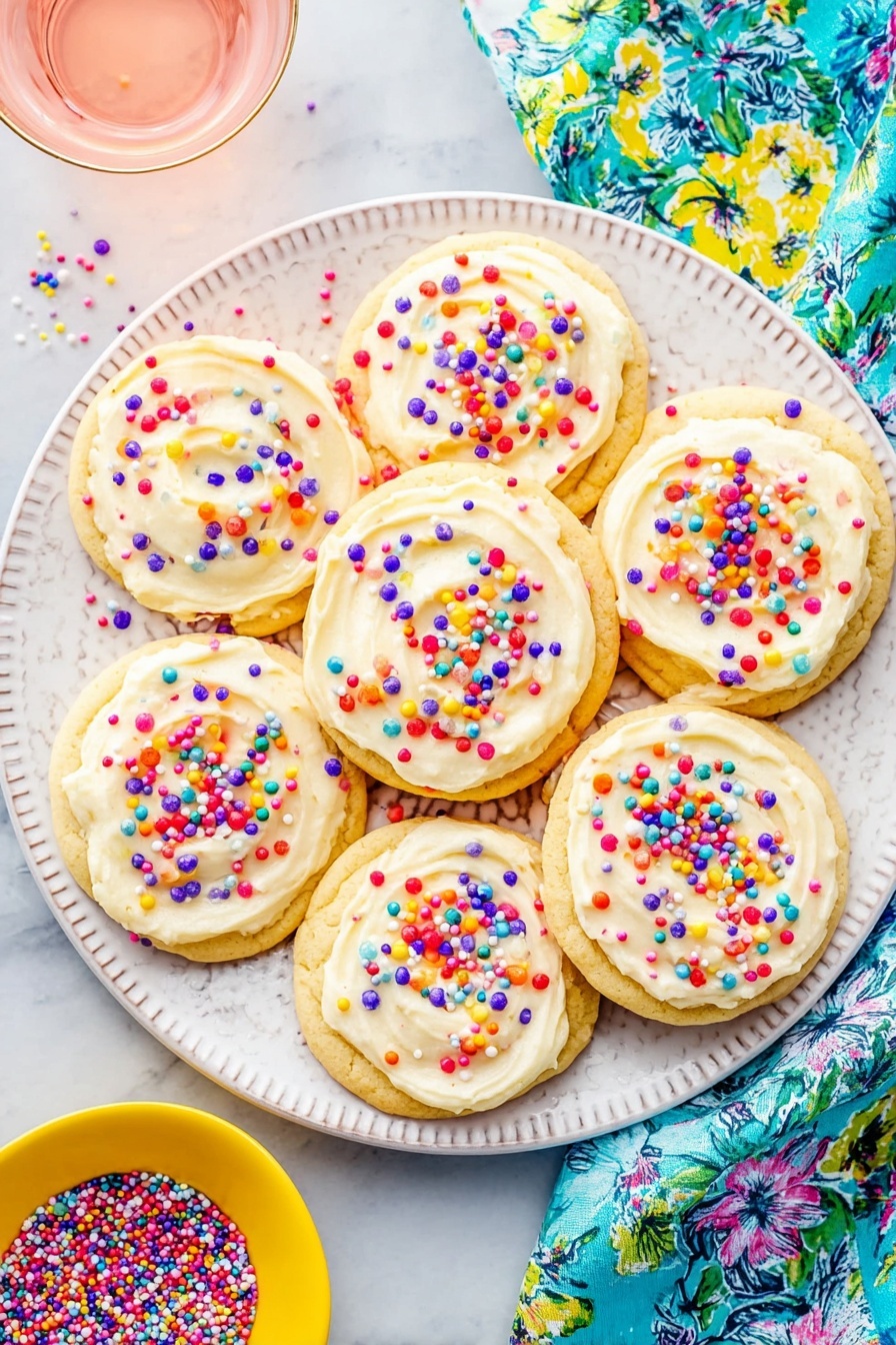 Funfetti Cake Mix Cookies, colorful cake mix cookies with sprinkles, easy funfetti cookie recipe, chewy funfetti dessert, quick festive cookies - The image shows seven round cookies placed closely on a white plate with a subtle patterned edge, all topped with a smooth layer of light cream-colored frosting swirled in a circular pattern. Each cookie is decorated with many small, colorful round and sprinkle-shaped confetti in red, purple, blue, yellow, green, and white, scattered evenly over the frosting. The plate sits on a white marbled surface next to a small yellow bowl filled with more colorful sprinkles and a glass of light pink liquid. A bright blue and green floral patterned cloth partially covers the surface around the plate. Photo taken with an iphone --ar 2:3 --v 7