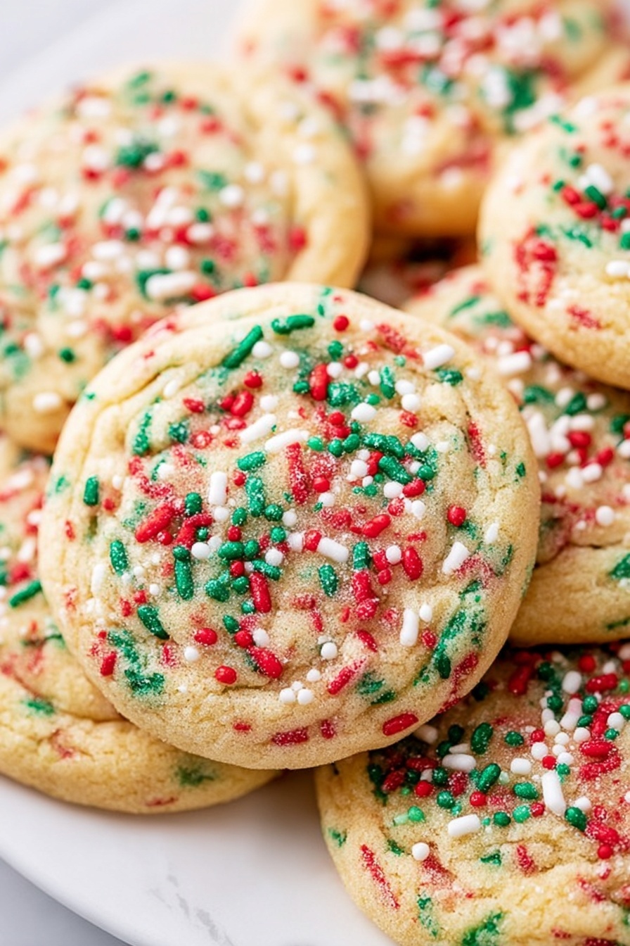 No-Roll Christmas Sprinkle Cookies, easy holiday cookies, festive Christmas cookies, no-bake Christmas treats, colorful sprinkle cookies - A white plate holds several round cookies with a light golden-brown color. Each cookie has red, green, and white sprinkles spread on top, giving them a festive look. The cookies are close together, slightly overlapping, showing a soft texture with some colorful bits inside the dough. The background and surface are white with a marbled pattern. photo taken with an iphone --ar 2:3 --v 7