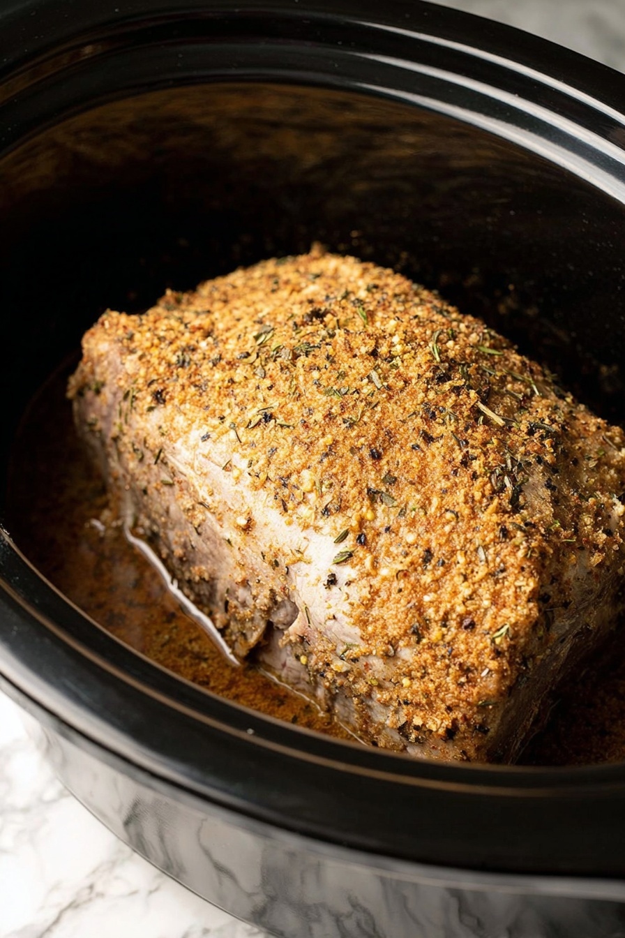 Crock Pot Pork Roast with Gravy, slow cooker pork recipes, easy pork dinner ideas, tender pork roast recipe, savory gravy recipes - A large piece of meat covered with a crumbly spice and herb coating sits inside a black slow cooker. The meat has a light golden-brown color with visible small black and green herbs pressed into the crust. The slow cooker has a smooth shiny surface on the inside, creating a contrast with the rough and textured meat. The cooker is set on a surface with a white marbled pattern that is barely visible at the bottom edge of the image. The lighting highlights the spices and texture on the meat, making it look tender and well-seasoned photo taken with an iphone --ar 2:3 --v 7