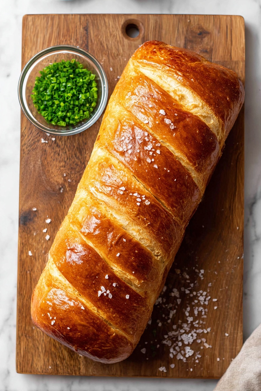 Beef Wellington, Beef Wellington recipe, how to make Beef Wellington, Beef Wellington ingredients, classic Beef Wellington - A loaf of golden brown bread with a shiny crust sits in the center of a wooden board, showing five diagonal cuts on top that reveal a lighter dough inside. Coarse salt crystals are sprinkled over the bread and the board, adding texture and sparkle. Near the top left corner of the board, there is a small clear round bowl filled with chopped green chives, providing a fresh contrast in color. The wooden board rests on a white marbled surface, enhancing the warm and natural feel of the scene. photo taken with an iphone --ar 2:3 --v 7