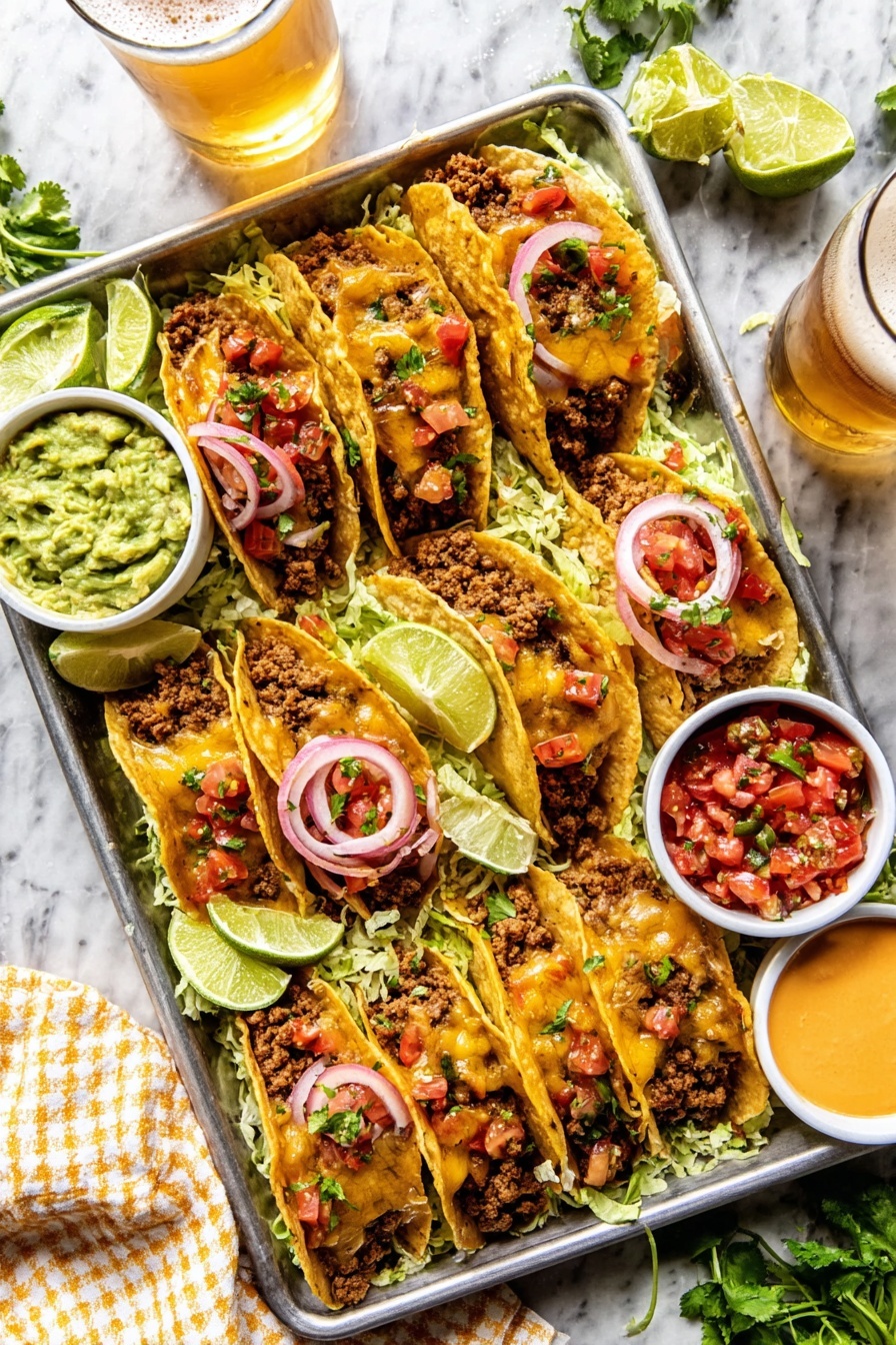 Crispy Baked Beef Tacos with Chipotle Crema, baked beef tacos, crispy taco recipes, easy taco ideas, flavorful beef tacos - A metal tray filled with ten soft golden tortillas folded in half, each filled with browned ground meat mixed with melted cheese and topped with small pieces of red tomato and green herbs, all resting on a bed of shredded pale green lettuce. Thin slices of bright pink pickled onions and lime wedges are placed on top and around the tray. On the side are three small white bowls: one with smooth green guacamole, one with red and white tomato salsa, and one with a creamy orange sauce. The tray sits on a white marbled surface with a glass of beer and some fresh green cilantro nearby. A white and yellow checkered cloth partly covers the bottom right corner. photo taken with an iphone --ar 2:3 --v 7