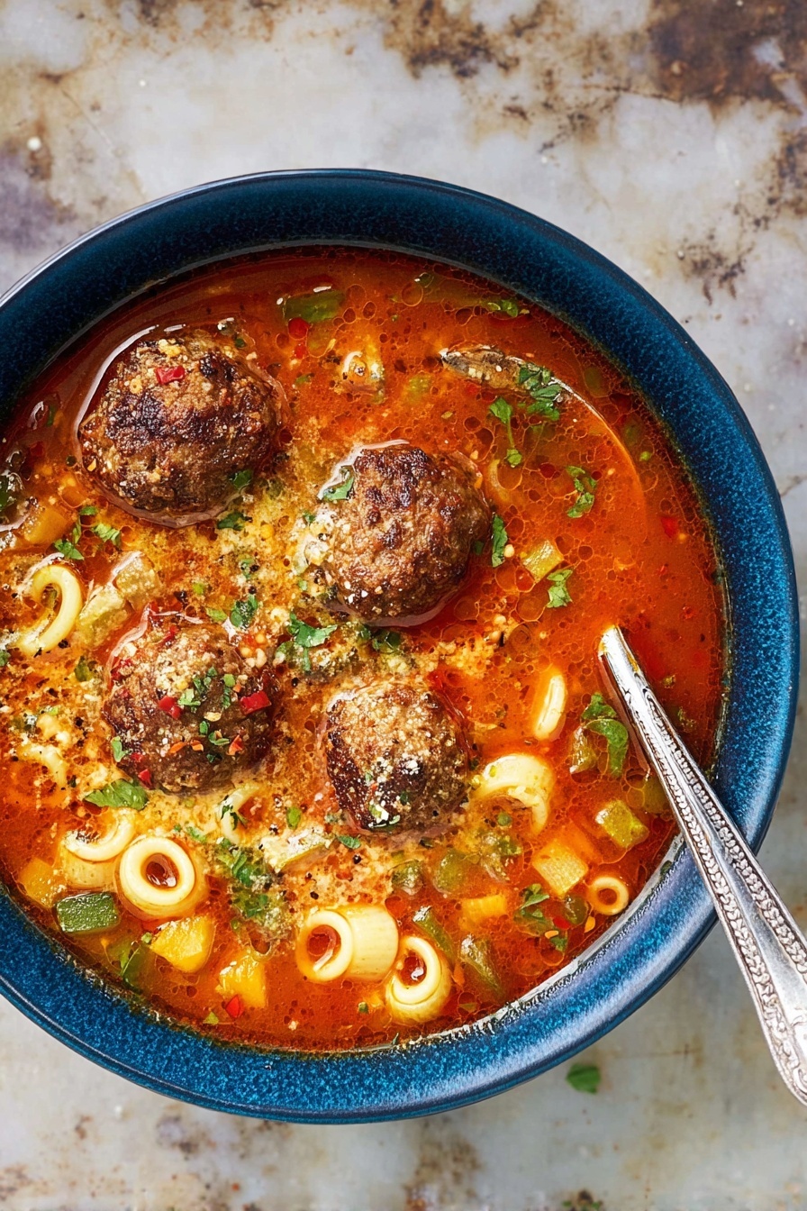 Hearty Meatball Soup with Pasta, hearty meatball soup, comforting pasta soup, easy meatball soup recipe, cozy weeknight dinner - A blue bowl filled with rich red soup on a white marbled surface, containing five browned meatballs sitting on top of small ring-shaped pasta and diced vegetables in an orange-red broth. The soup has visible seasoning like green herbs, red pepper flakes, and a drizzle of melted cheese or cream. A silver spoon with a textured handle rests inside the bowl on the right side. photo taken with an iphone --ar 2:3 --v 7