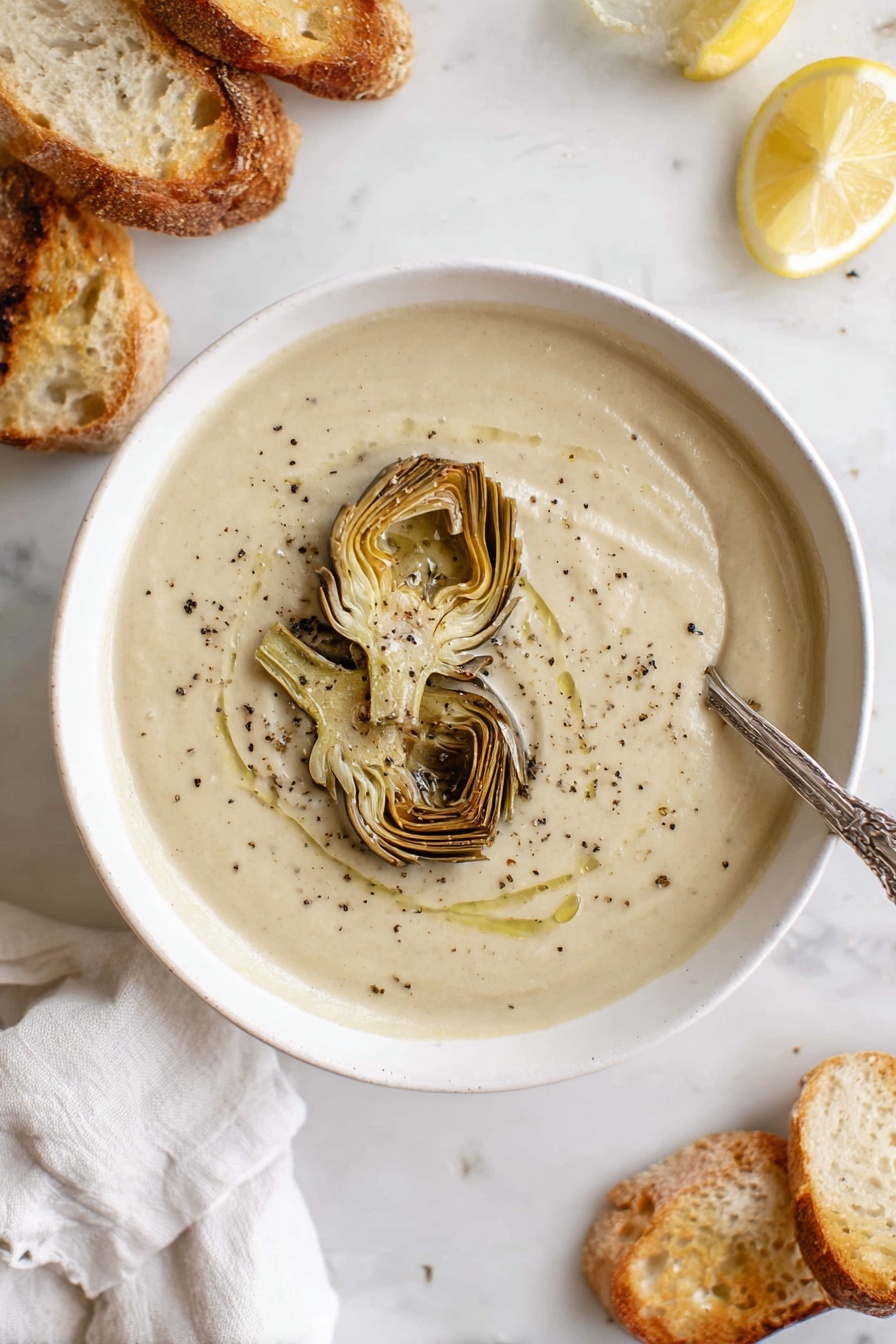 Creamy Artichoke Soup, artichoke soup recipe, easy artichoke soup, healthy creamy soup, cozy soup recipes - A white bowl filled with a smooth, creamy beige dip that has gentle swirl patterns on its surface, lightly sprinkled with coarse black pepper bits, is placed on a white marbled texture. In the background, there are toasted round pieces of bread with a golden crust on a baking tray, and two lemon wedges with bright yellow flesh are nearby. The overall scene has a soft and light tone, with hints of texture and natural light. photo taken with an iphone --ar 2:3 --v 7