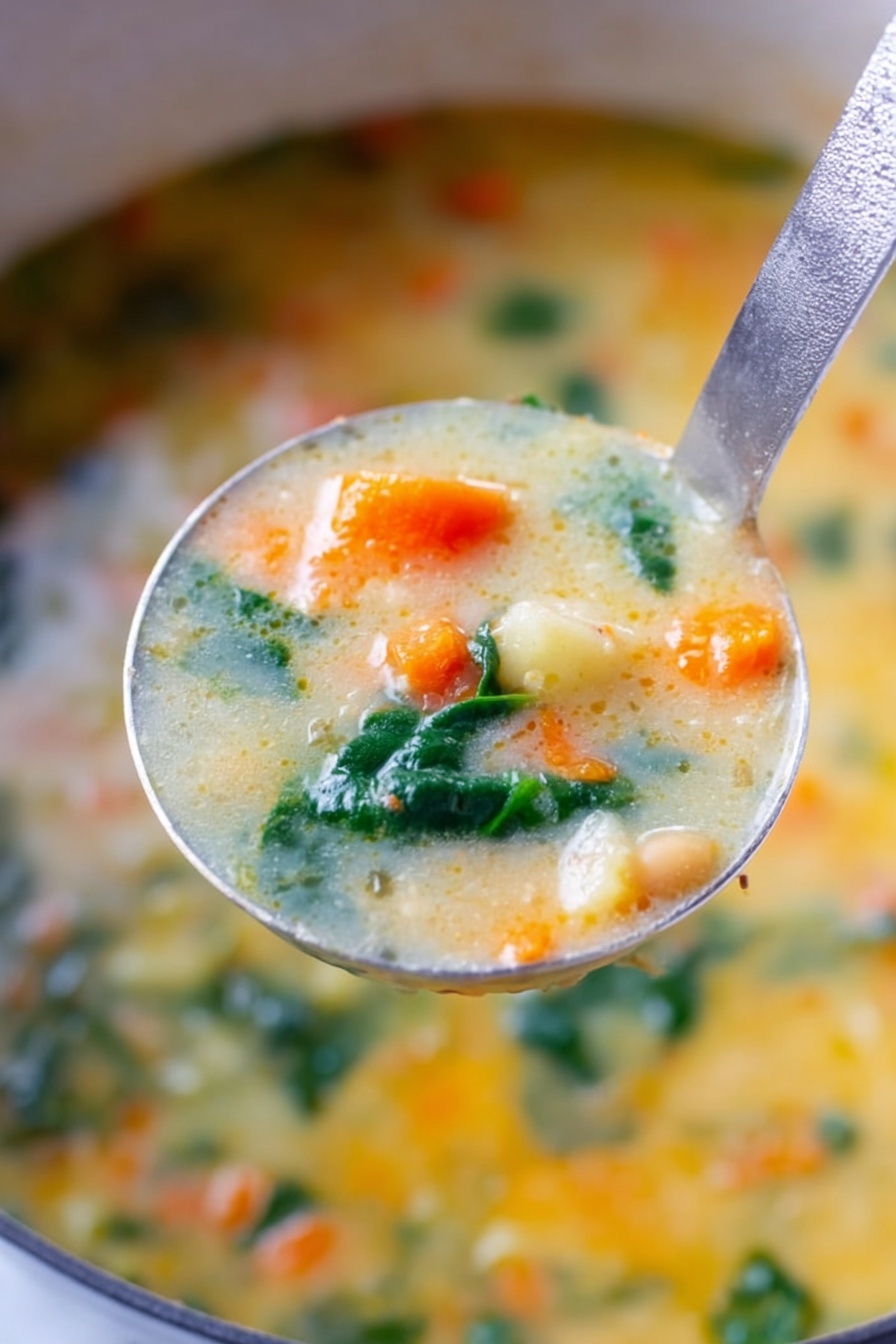 Creamy White Bean Soup with Spinach, White Bean Soup Recipe, Healthy Spinach Bean Soup, Easy White Bean and Spinach Soup, Comforting Vegetarian Soup - A large silver ladle is filled with thick vegetable soup held close to the camera. Inside the ladle, the soup has a creamy light yellow base with visible layers of soft orange carrot bits, deep green spinach leaves, and small pale chunks of potato. The background shows more of the same soup in a pot, with the same colors and texture slightly blurred. The setting is on a white marbled surface. photo taken with an iphone --ar 2:3 --v 7