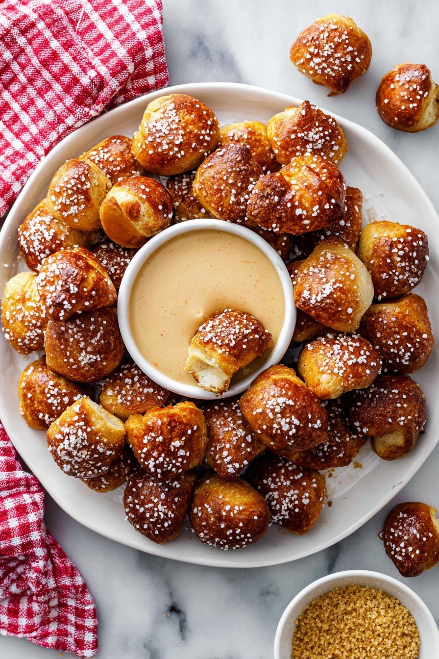 Soft Pretzel Bites, Soft Pretzel Bites Recipe, Easy Pretzel Bites, Chewy Pretzel Bites, Homemade Pretzel Snacks - A white plate holds many small, golden brown pretzel bites sprinkled with coarse salt. In the center of the plate is a small white bowl filled with creamy, light tan dipping sauce, with one pretzel bite dipped into it. Around the plate on a white marbled surface are a few more pretzel bites. A small white bowl near the bottom right corner contains grainy mustard. A red and white checkered cloth is partly visible in the top left corner. Photo taken with an iphone --ar 2:3 --v 7
