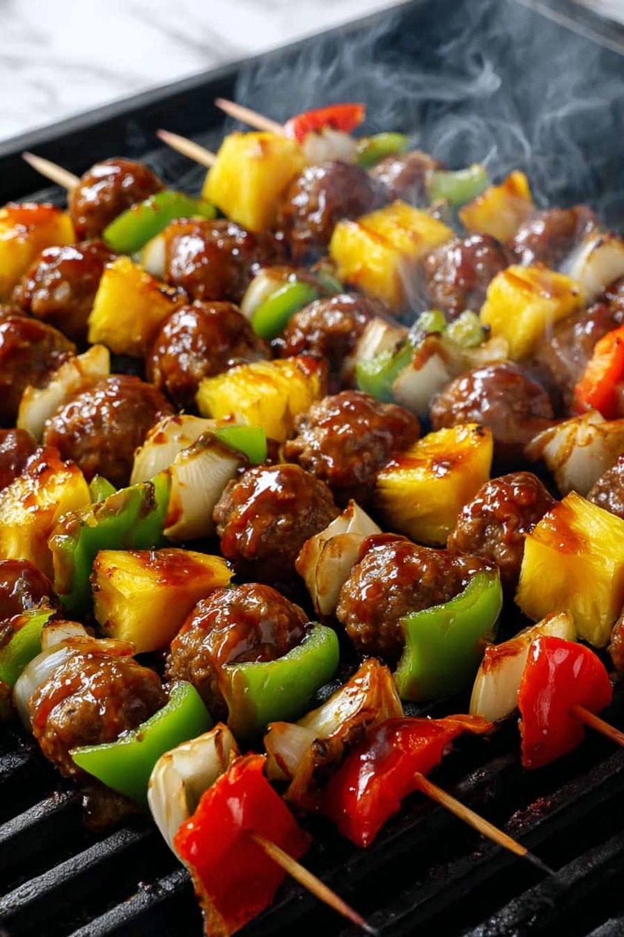Sweet and Sour Meatball Kabobs, Sweet and Sour Meatballs, Meatball Skewers with Pineapple, Easy Sweet and Sour Kabobs, Summertime Meatball Recipes - The image shows several skewers arranged closely together with layers of grilled food. Each skewer has a repeating pattern of brown meatballs, bright yellow pineapple chunks, white onion pieces with slight char marks, green bell pepper sections, and red bell pepper pieces. A woman's hand is seen brushing glossy brown sauce over the skewers. The scene is set on a black grill with a white marbled background. photo taken with an iphone --ar 2:3 --v 7
