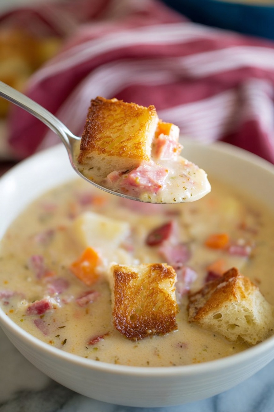 Reuben Soup with Swiss and Sauerkraut, Reuben Soup, easy Reuben soup recipe, comforting Reuben soup, creamy Reuben soup recipe - A close-up of a spoon held by a woman's hand, lifting a creamy soup that contains visible pieces of orange carrot, pink ham, and light-colored potato chunks, topped with a golden brown toasted bread cube. Below the spoon, a white bowl filled with the same creamy soup is garnished with several toasted bread cubes floating on the surface. The soup looks thick and rich, with a smooth, light beige color speckled with bits of ham and vegetables. All this is placed on a white marbled surface with a blurred red and white striped cloth in the background. photo taken with an iphone --ar 2:3 --v 7