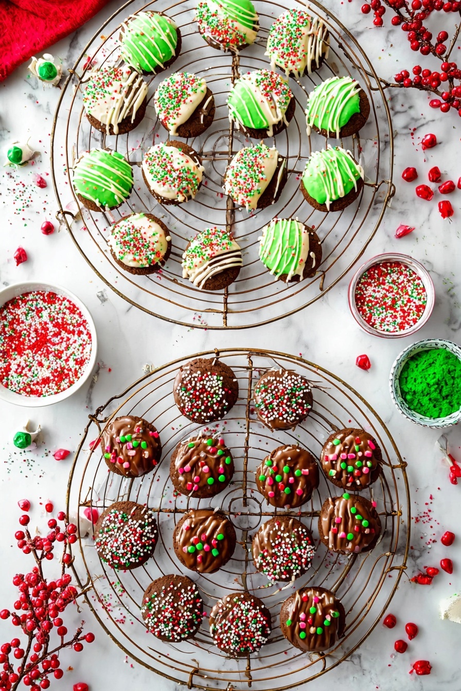 Christmas Chocolate Covered Oreos, festive Oreo treats, holiday chocolate desserts, easy Christmas cookies, homemade chocolate covered Oreos - The image shows two round cooling racks on a white marbled surface, each filled with small round chocolate cookies decorated for Christmas. The cookies on the top rack are half dipped in white or green icing with colorful sprinkles in red, green, and white, and drizzled with thin lines of icing. The cookies on the bottom rack are covered with chocolate icing and topped with various sprinkles in festive colors like red, green, and white. Some have small red and green candy pieces, while others have thin pink icing stripes. Around the racks, there are small bowls filled with red and green sprinkles and candy, along with light bulbs filled with colorful decorations and red berry garlands. photo taken with an iphone --ar 2:3 --v 7