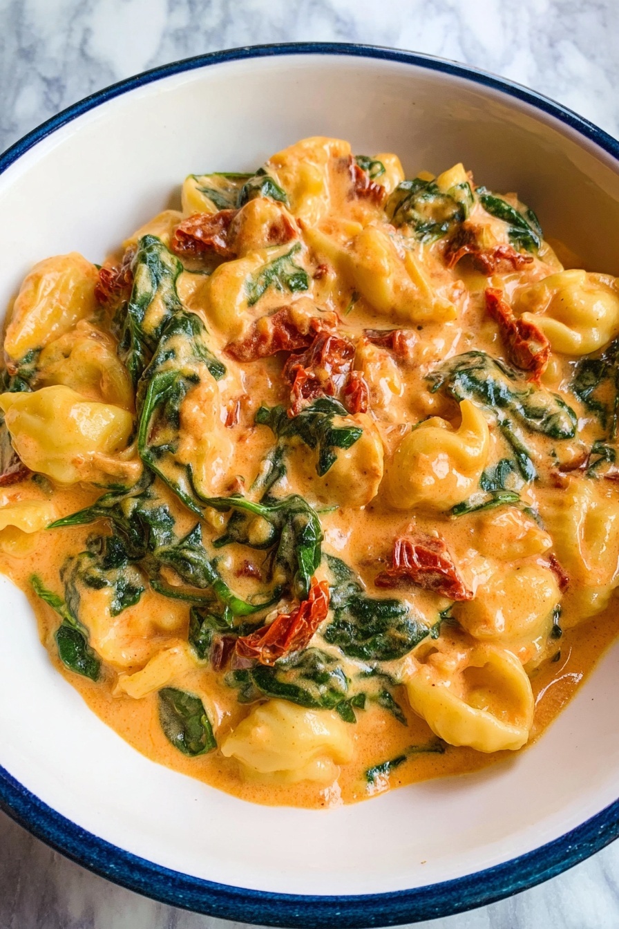 Creamy Tuscan Chicken Soup, creamy Tuscan chicken recipes, easy Tuscan chicken soup, comforting chicken soup, Italian chicken soup - The dish is a creamy pasta with three main layers visible: the base layer of soft yellow pasta shells, the middle layer of thick orange creamy sauce mixed evenly with wilted dark green spinach leaves, and scattered pieces of red sun-dried tomatoes adding contrast throughout. The sauce looks smooth and rich, holding the pasta and vegetables together. The dish is served in a white bowl with a thin blue rim, all set on a white marbled surface. photo taken with an iphone --ar 2:3 --v 7