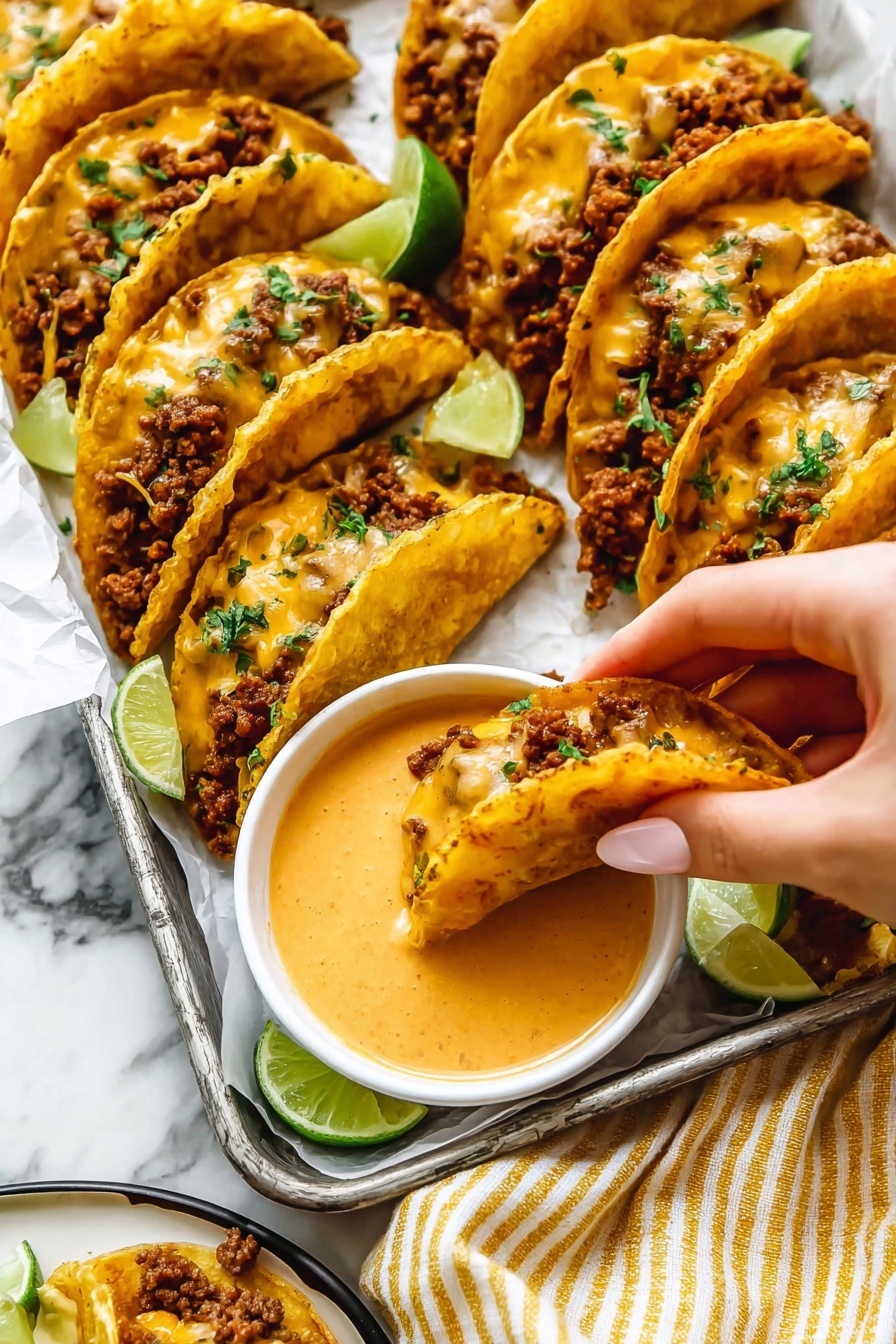 Crispy Baked Beef Tacos with Chipotle Crema, baked beef tacos, crispy taco recipes, easy taco ideas, flavorful beef tacos - The image shows small tacos filled with cooked ground meat and melted cheese, garnished with small green herbs on top. The tacos have a golden-brown crispy shell and are arranged close together on a metal tray lined with white paper. In the center of the tray is a small white bowl filled with a smooth, creamy orange dipping sauce. A woman's hand is holding one taco, dipping it into the sauce. In the bottom corner, part of a white plate with a black rim is visible, holding more tacos and lime wedges. A yellow and white striped cloth is placed near the tray on a white marbled surface photo taken with an iphone --ar 2:3 --v 7