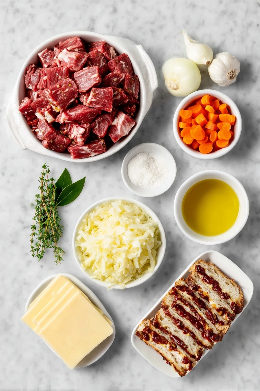 Reuben Soup with Swiss and Sauerkraut, Reuben Soup, easy Reuben soup recipe, comforting Reuben soup, creamy Reuben soup recipe - Flat lay of a diced pile of lean cooked corned beef, a small white bowl of sauerkraut, a chopped yellow onion, four chopped fresh carrots, three peeled garlic cloves, a sprig of fresh oregano, one fresh bay leaf, a small white bowl with clear cold water, a small white bowl with white cornstarch powder, a small white bowl of heavy cream, neatly stacked slices of Swiss cheese, a small white bowl of golden extra-virgin olive oil, and six slices of marbled rye bread arranged in a simple white ceramic dish, placed on a clean white marble surface, soft natural light, photo taken with an iPhone, professional food photography style, fresh ingredients, white ceramic bowls, no bottles, no duplicates, no utensils, no packaging --ar 2:3 --v 7 --p m7354615311229779997