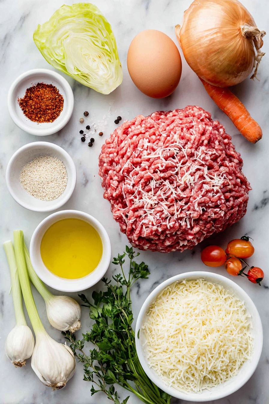 Hearty Meatball Soup with Pasta, hearty meatball soup, comforting pasta soup, easy meatball soup recipe, cozy weeknight dinner - Flat lay of a small mound of lean ground beef, one whole uncracked brown egg, a small white ceramic bowl of freshly grated parmesan cheese, a small white bowl filled with unseasoned bread crumbs, a small bunch of fresh oregano sprigs, a small white bowl with sweet paprika powder, a bunch of fresh parsley leaves, three to five whole garlic cloves, a small white ceramic bowl of extra virgin olive oil, a pinch of kosher salt crystals, a few black peppercorns, one small whole yellow onion, two fresh whole carrots, two celery stalks with leaves, one small green bell pepper, a small white bowl of beef broth, a small white bowl with peeled whole peeled tomatoes with juices, a small white bowl of uncooked ditalini pasta, and a small white bowl with red pepper flakes; all arranged with perfect symmetry on a clean white marble surface, soft natural light, photo taken with an iPhone, professional food photography style, fresh ingredients, white ceramic bowls, no bottles, no duplicates, no utensils, no packaging --ar 2:3 --v 7 --p m7354615311229779997