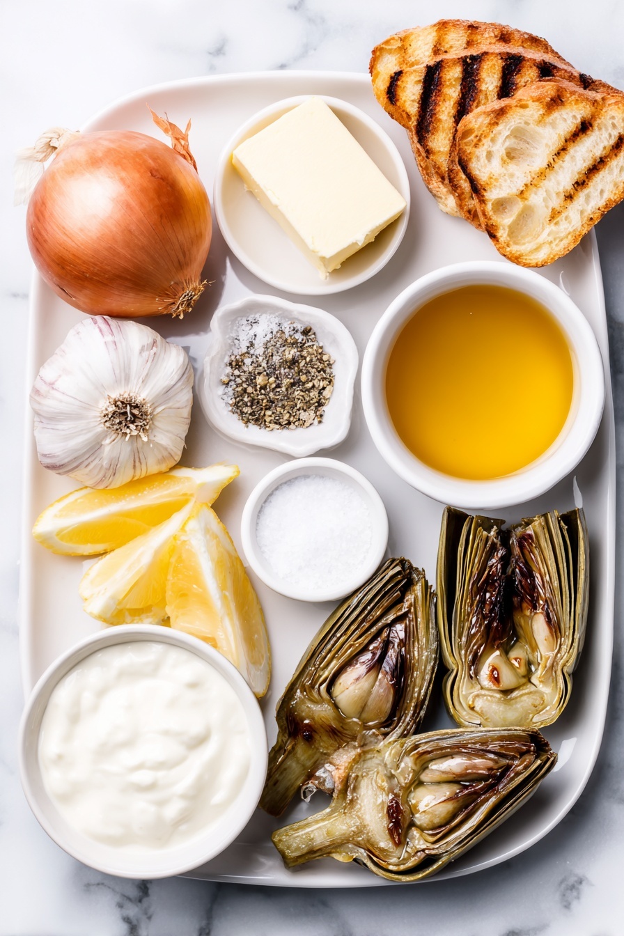 Creamy Artichoke Soup, artichoke soup recipe, easy artichoke soup, healthy creamy soup, cozy soup recipes - Flat lay of a small puddle of golden olive oil in a white ceramic bowl, a pat of pale unsalted butter on a white plate, a whole sweet onion with papery skin intact, two whole uncracked garlic cloves, a pinch of coarse kosher salt in a small white bowl, a small white bowl with freshly cracked black pepper, a few fresh pale green artichoke hearts, a small white ceramic bowl filled with light golden vegetable stock, a small white bowl of creamy white heavy cream, a small white bowl of smooth crème fraiche, a few lemon wedges with bright yellow skin and juicy interiors, several thin slices of crusty toasted baguette with a golden brown surface, and a couple of grilled artichoke hearts with char marks arranged neatly, all placed on a clean white marble surface, soft natural light, photo taken with an iPhone, professional food photography style, fresh ingredients, white ceramic bowls, no bottles, no duplicates, no utensils, no packaging --ar 2:3 --v 7 --p m7354615311229779997