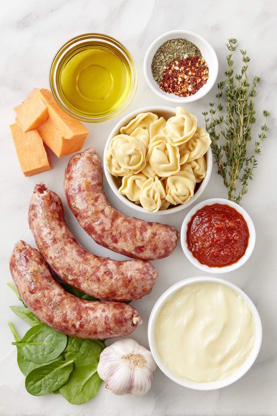 Creamy Sausage Tortellini Soup, hearty sausage tortellini soup, easy comfort food recipes, creamy sausage soup with tortellini, quick weeknight dinner ideas - Flat lay of fresh spicy Italian sausage links, a small white bowl of golden olive oil, a small white bowl with mixed Italian seasoning herbs, a vibrant orange peeled and cubed large sweet potato, five peeled garlic cloves, a small white bowl with red pepper flakes, a small white bowl of rich red tomato paste, a small white bowl filled with clear water, a neat pile of fresh three-cheese tortellini pasta, a small pile of fresh green spinach leaves, a small white bowl filled with thick heavy cream, and several sprigs of fresh thyme placed on a clean white marble surface, soft natural light, photo taken with an iPhone, professional food photography style, fresh ingredients, white ceramic bowls, no bottles, no duplicates, no utensils, no packaging --ar 2:3 --v 7 --p m7354615311229779997
