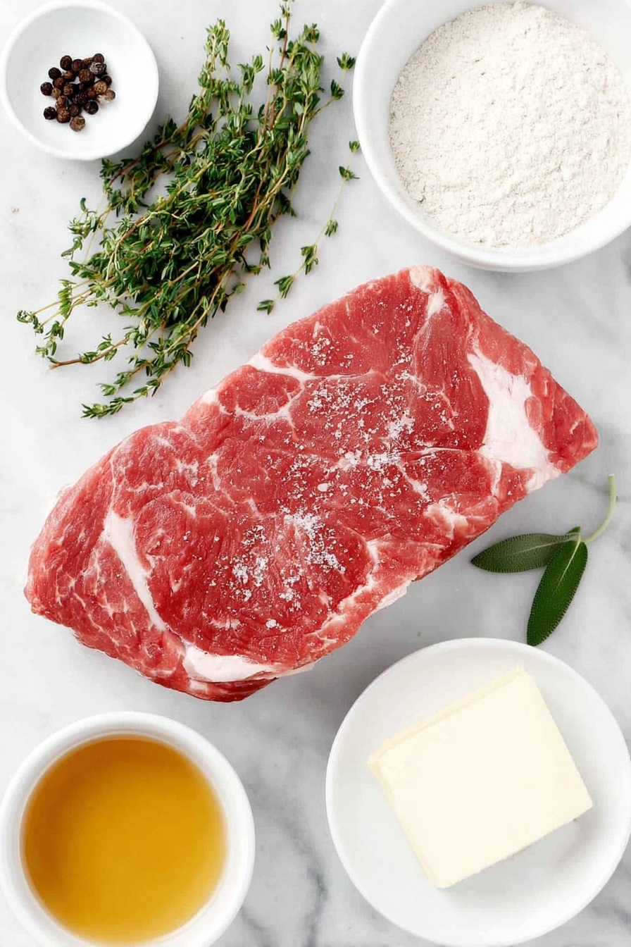 Crock Pot Pork Roast with Gravy, slow cooker pork recipes, easy pork dinner ideas, tender pork roast recipe, savory gravy recipes - Flat lay of a fresh whole pork loin roast with a light layer of poultry seasoning, small piles of coarse salt and cracked black peppercorns, a few fresh sprigs of sage and thyme beside a pat of creamy butter on a simple white ceramic plate, a small white bowl of pale all-purpose flour, and a small white bowl filled with golden slow cooker juices blended with light chicken broth, all arranged in perfect symmetry and natural proportions, placed on a clean white marble surface, soft natural light, photo taken with an iPhone, professional food photography style, fresh ingredients, white ceramic bowls, no bottles, no duplicates, no utensils, no packaging --ar 2:3 --v 7 --p m7354615311229779997